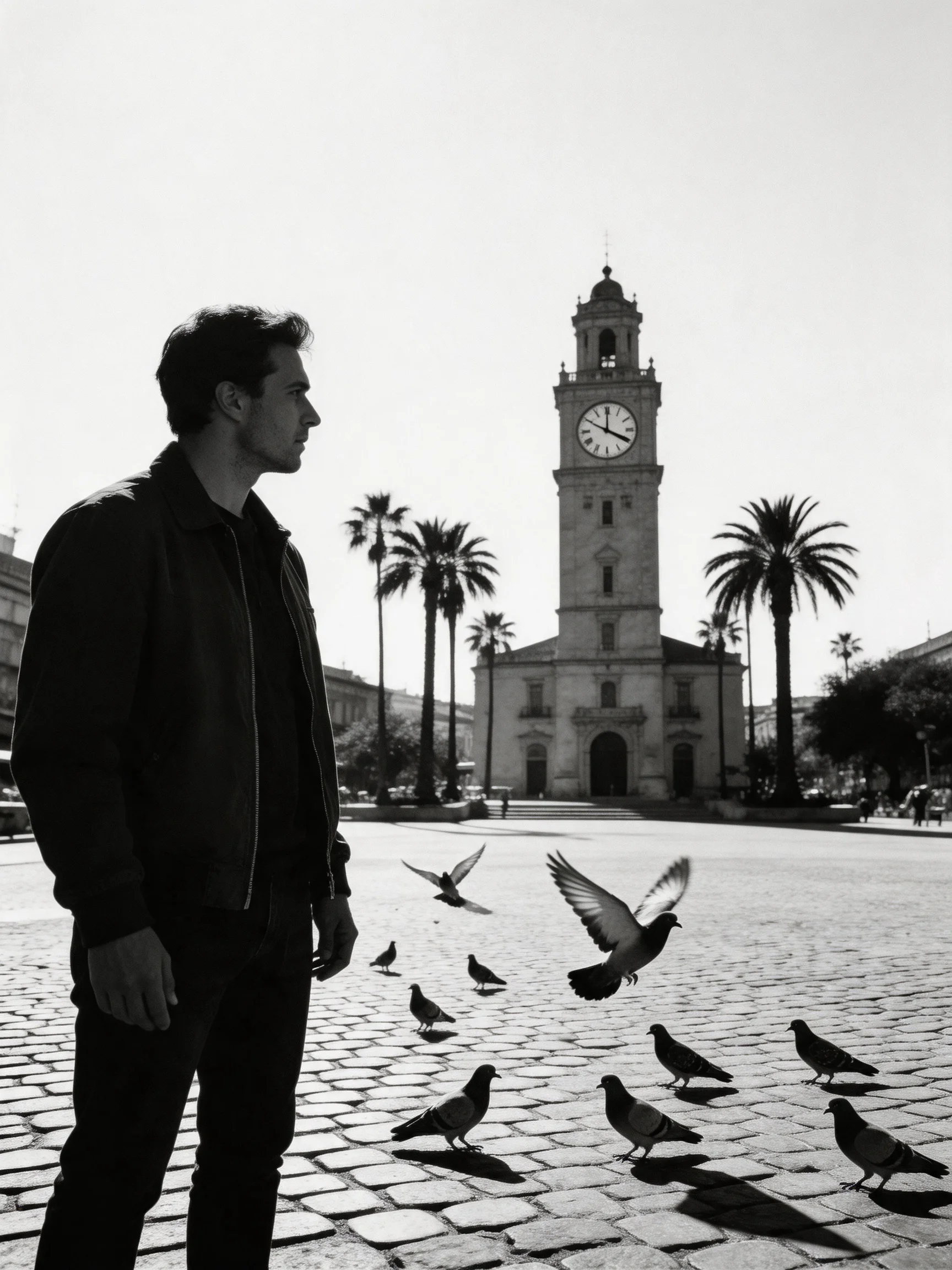 A man stands among pigeons near a historic clock tower in black and white