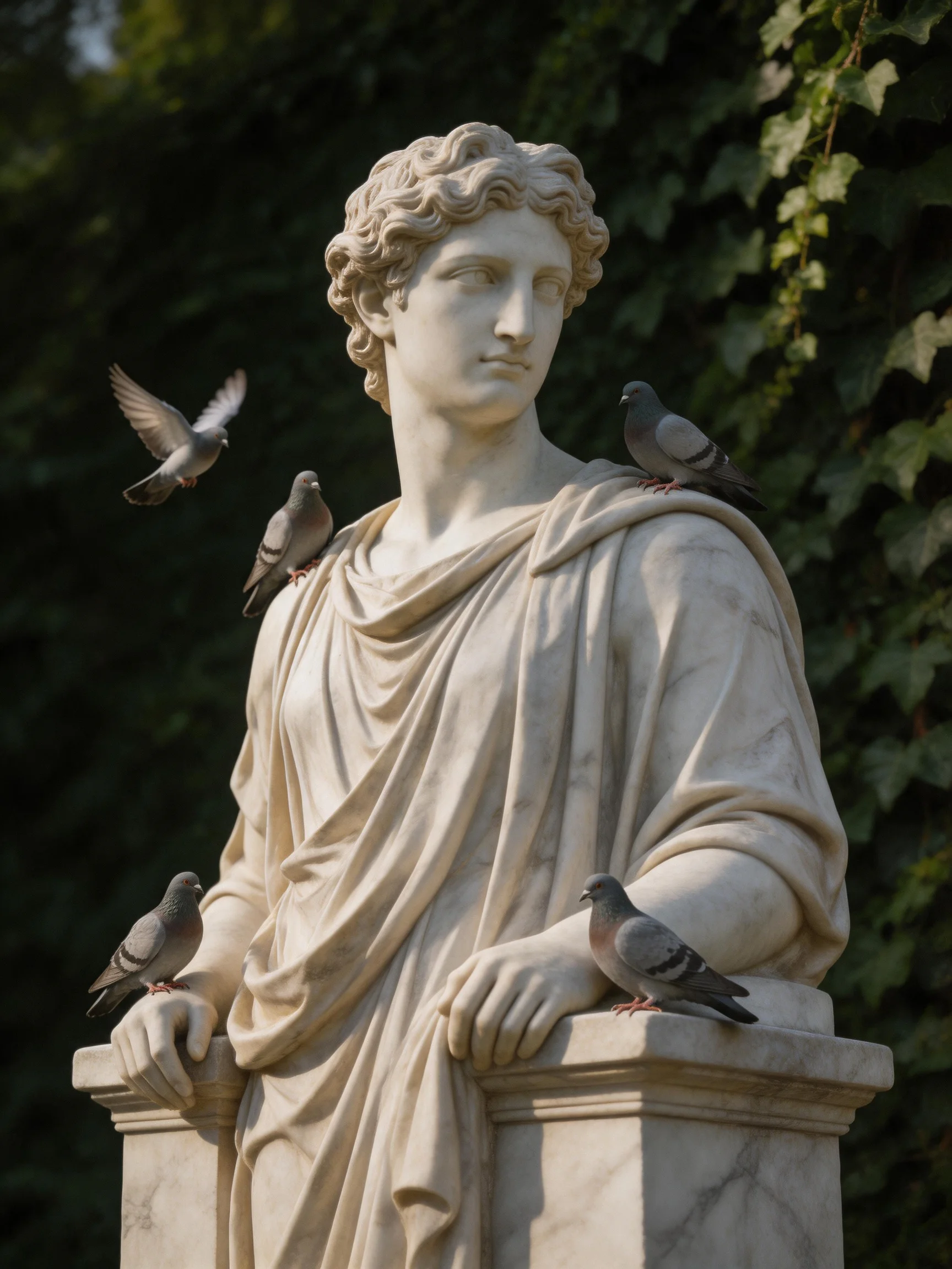 A marble statue with several pigeons amid lush green foliage