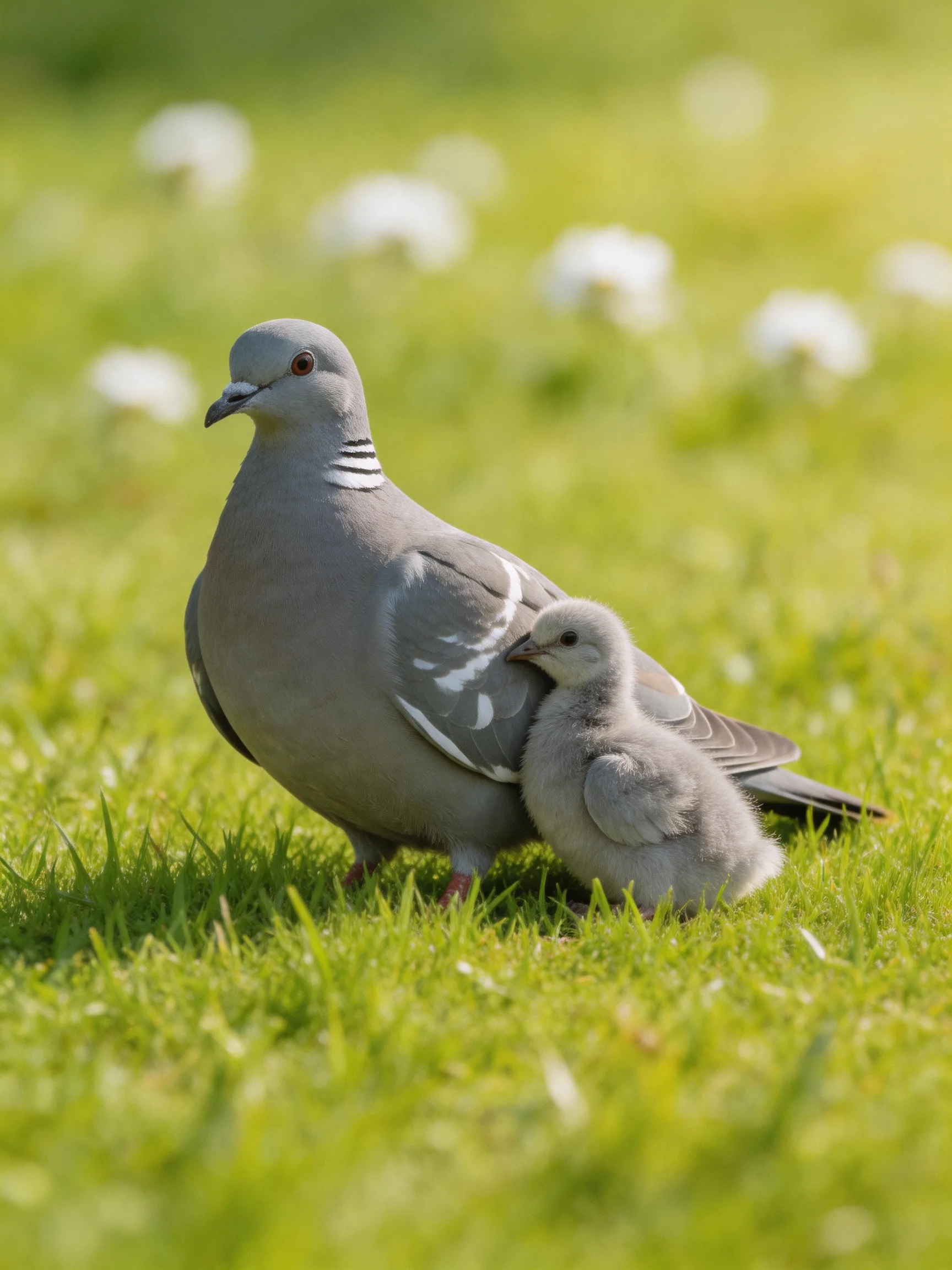 A mature gray pigeon with a fluffy gray chick on lush green grass
