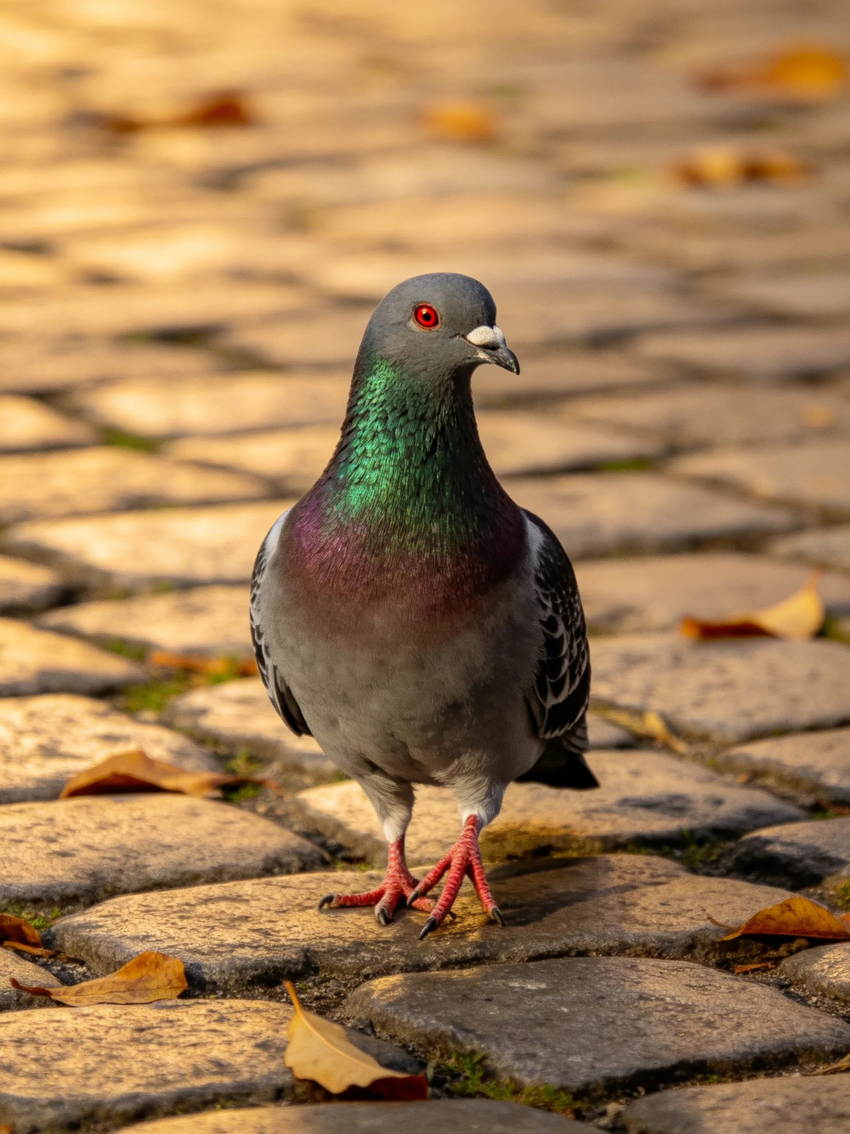 A multicolored pigeon on aged cobblestone pavement