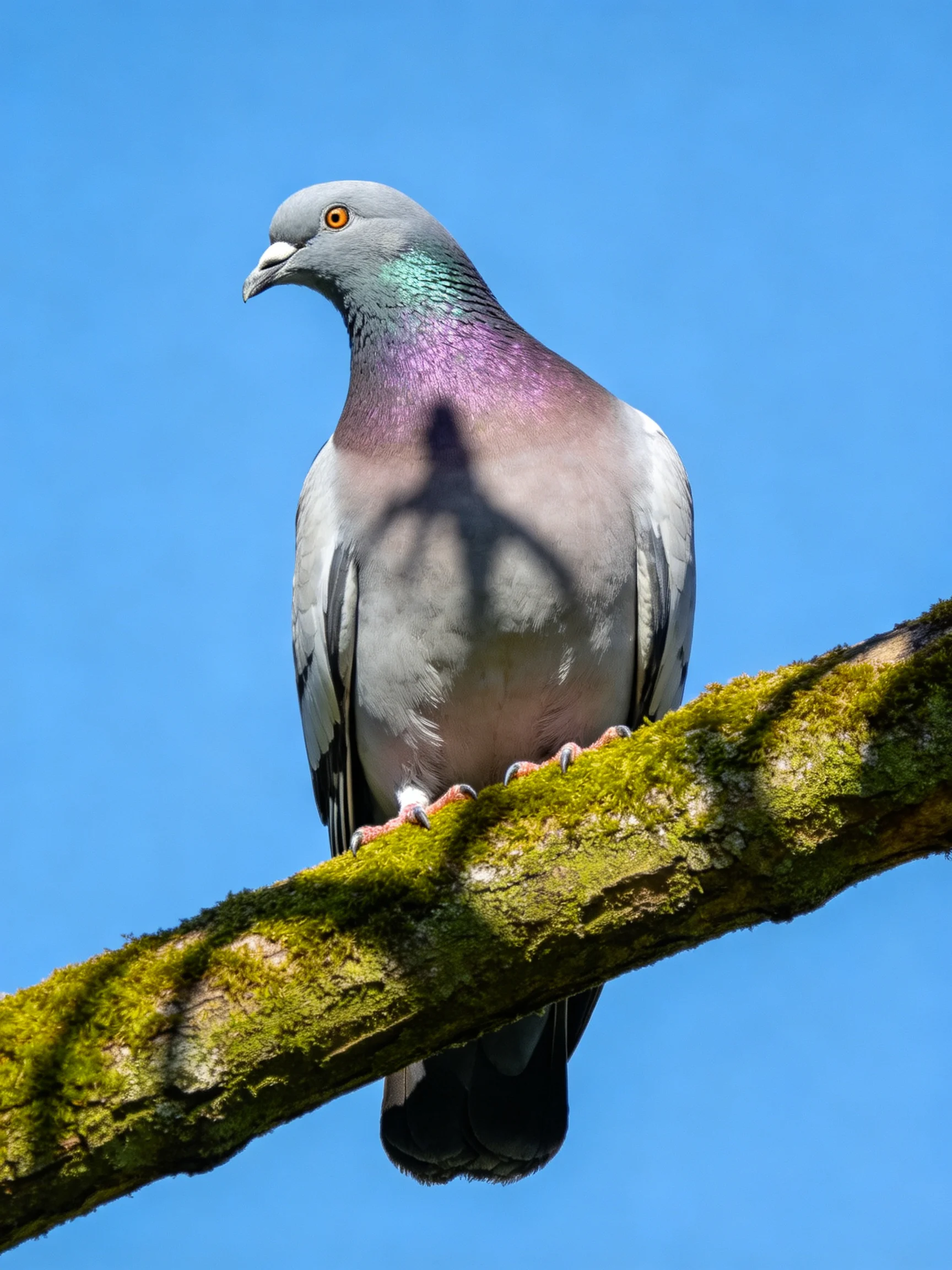 A colorful pigeon perches on a mossy branch
