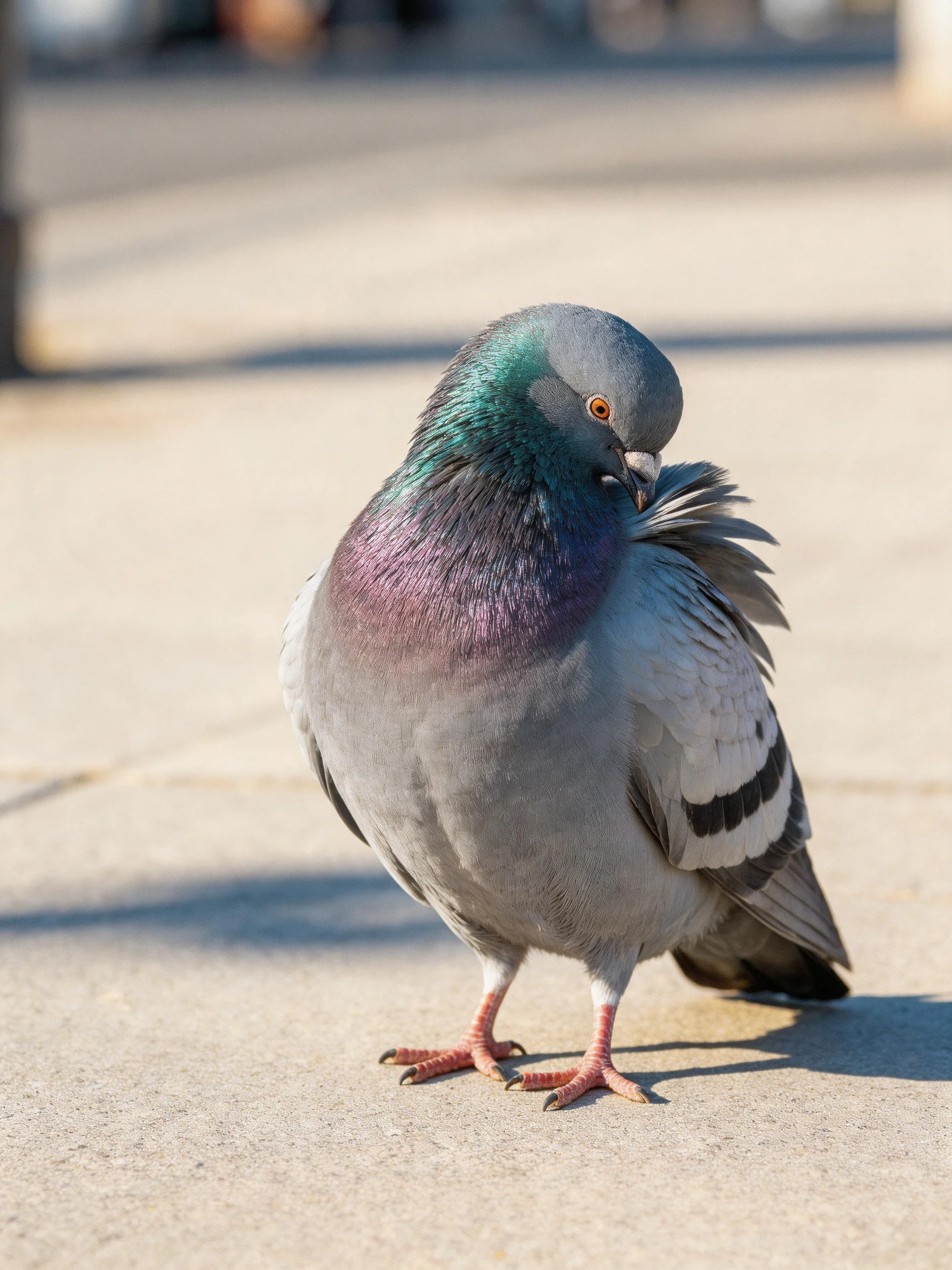 A multicolored pigeon preening on a sunlit pavement