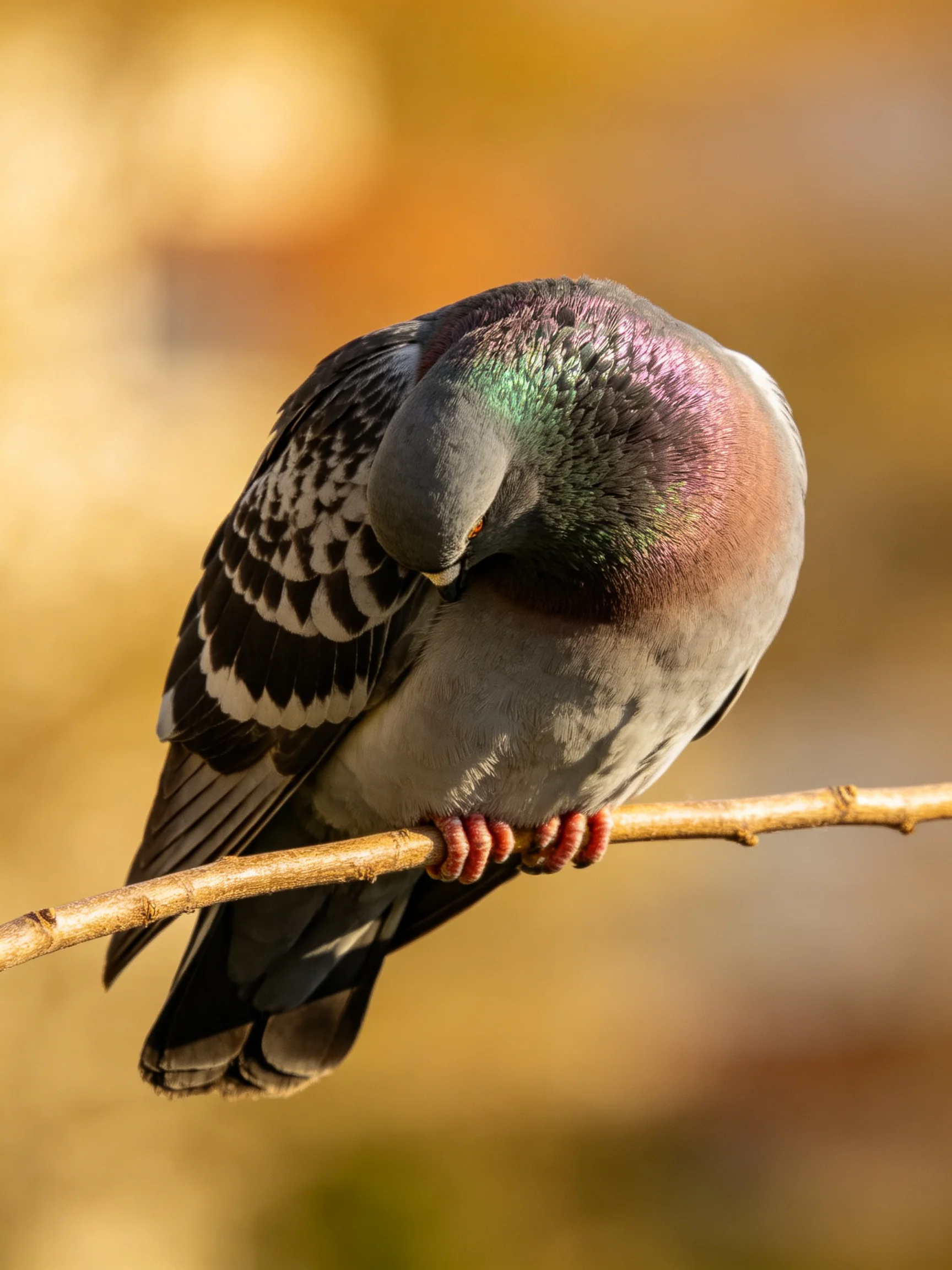 A multicolored pigeon preening on a thin branch