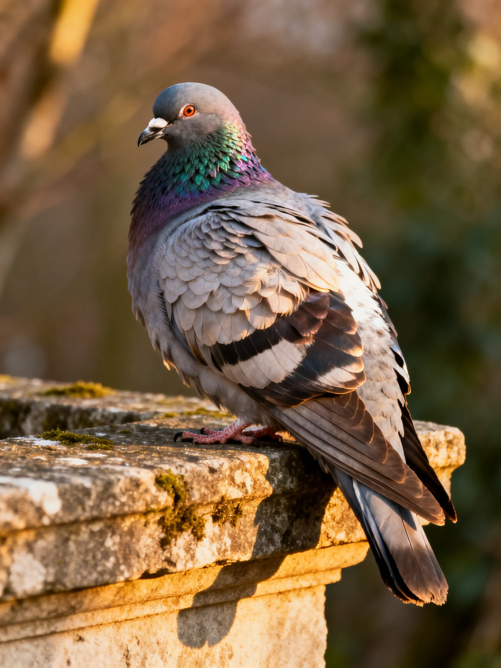 A multicolored pigeon rests on a weathered stone ledge