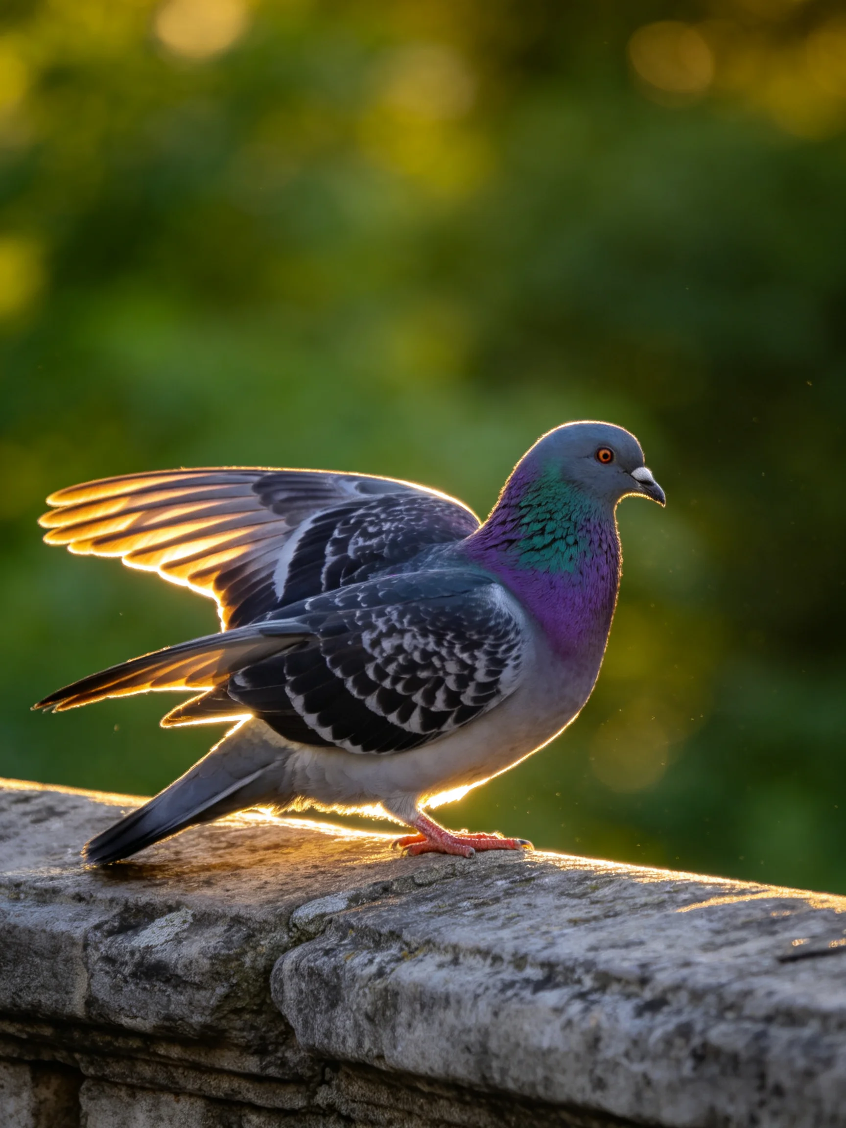 A multicolored pigeon spreads wings on a weathered stone ledge in golden light
