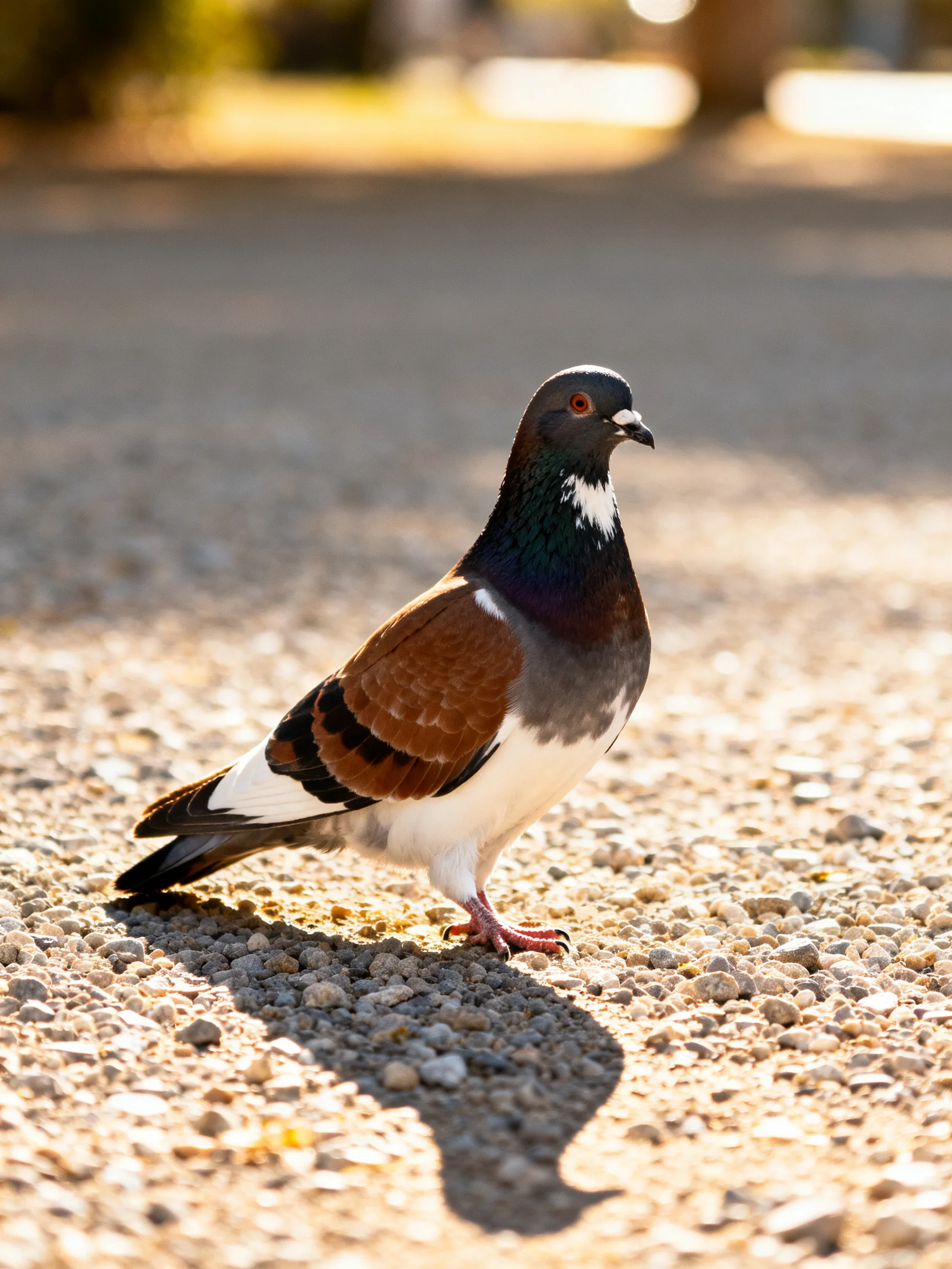 A multicolored pigeon stands on a sunlit gravel surface.