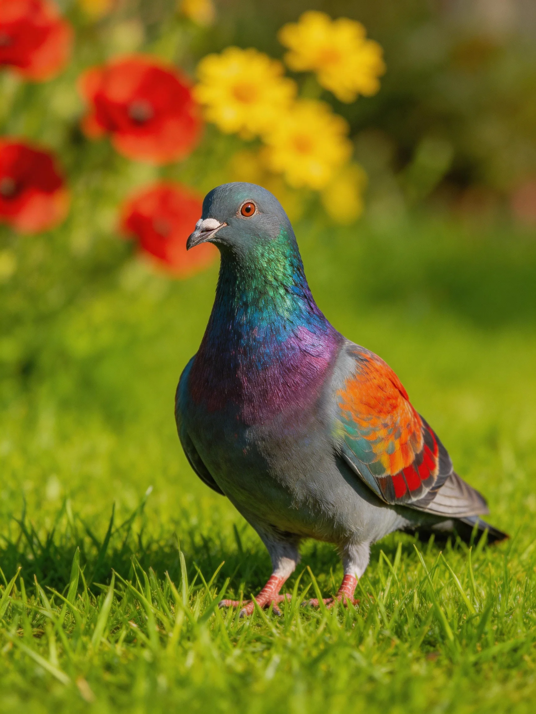 A multicolored pigeon stands on green grass near colorful flowers.
