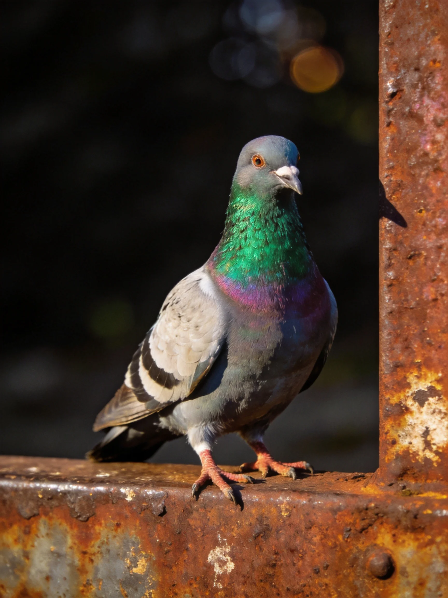 A multicolored pigeon with iridescent plumage perched on a rusted metal beam
