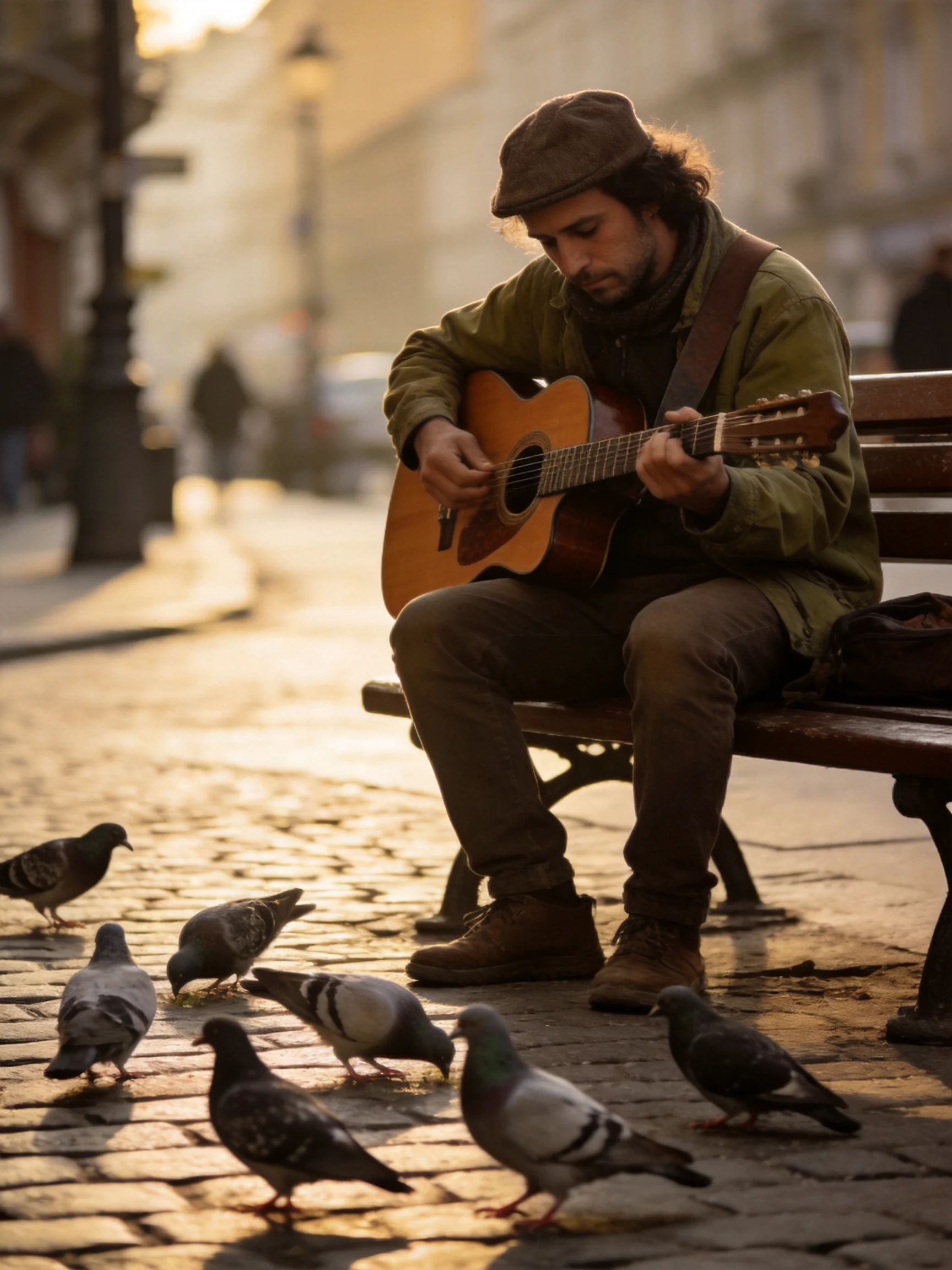 A musician plays guitar near pigeons on a cobblestone street