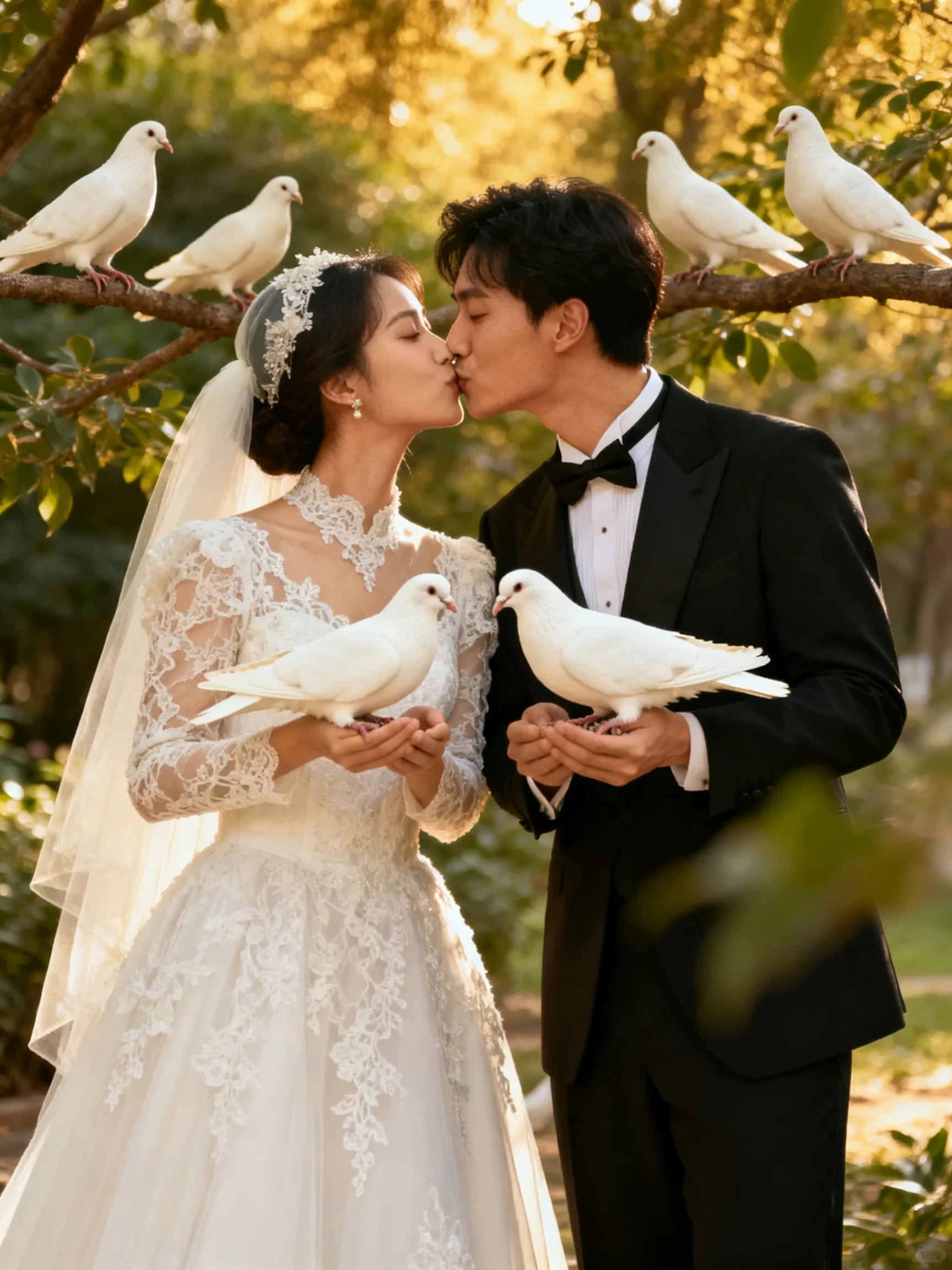 A newlywed couple with six white doves in a sunlit garden