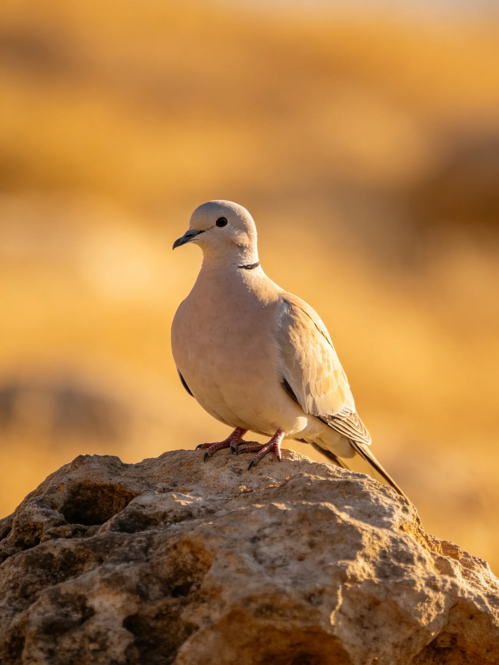 A pale dove perched on a textured rock in golden terrain