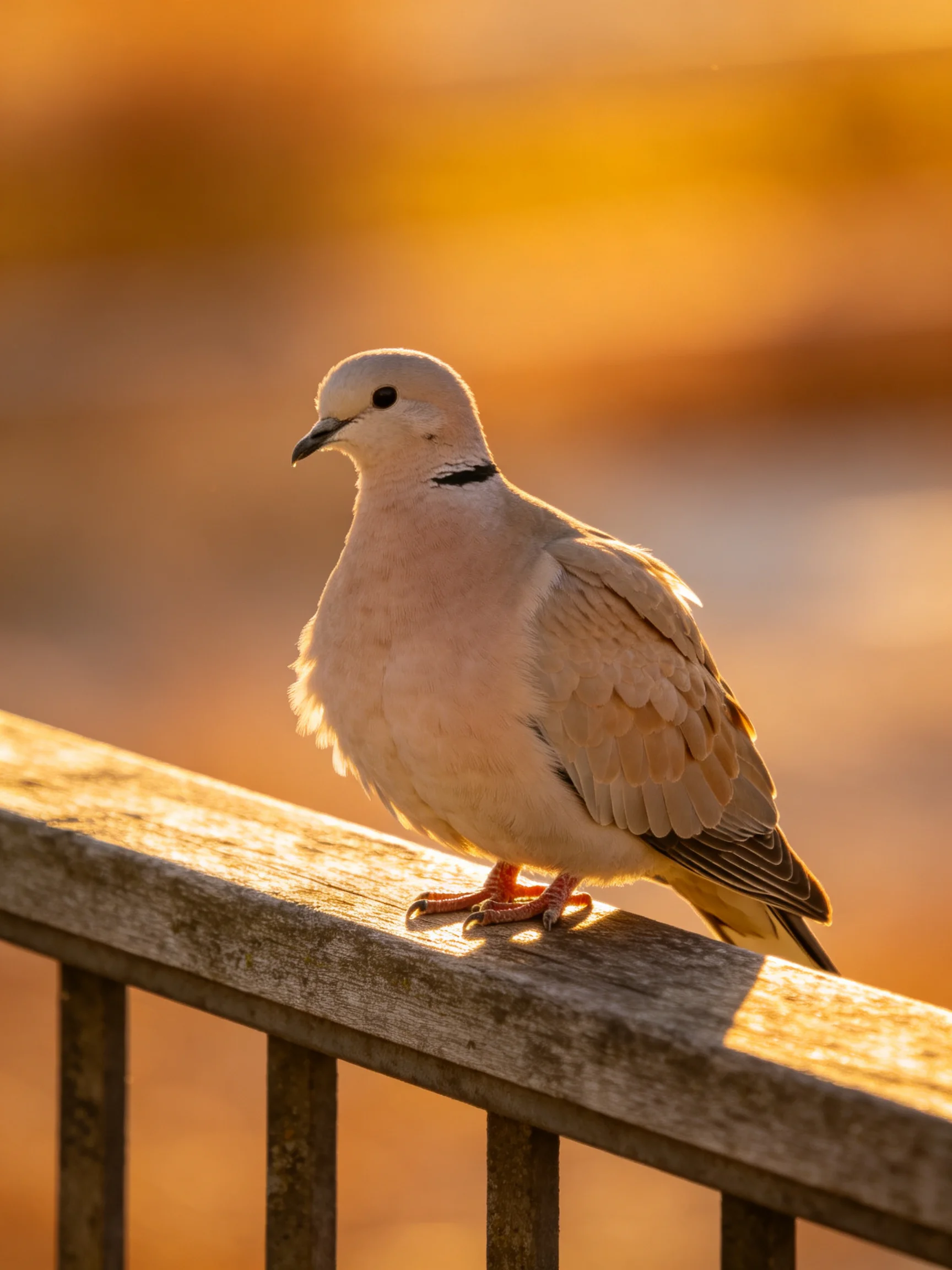 A pale dove perched on a weathered wooden railing under golden light