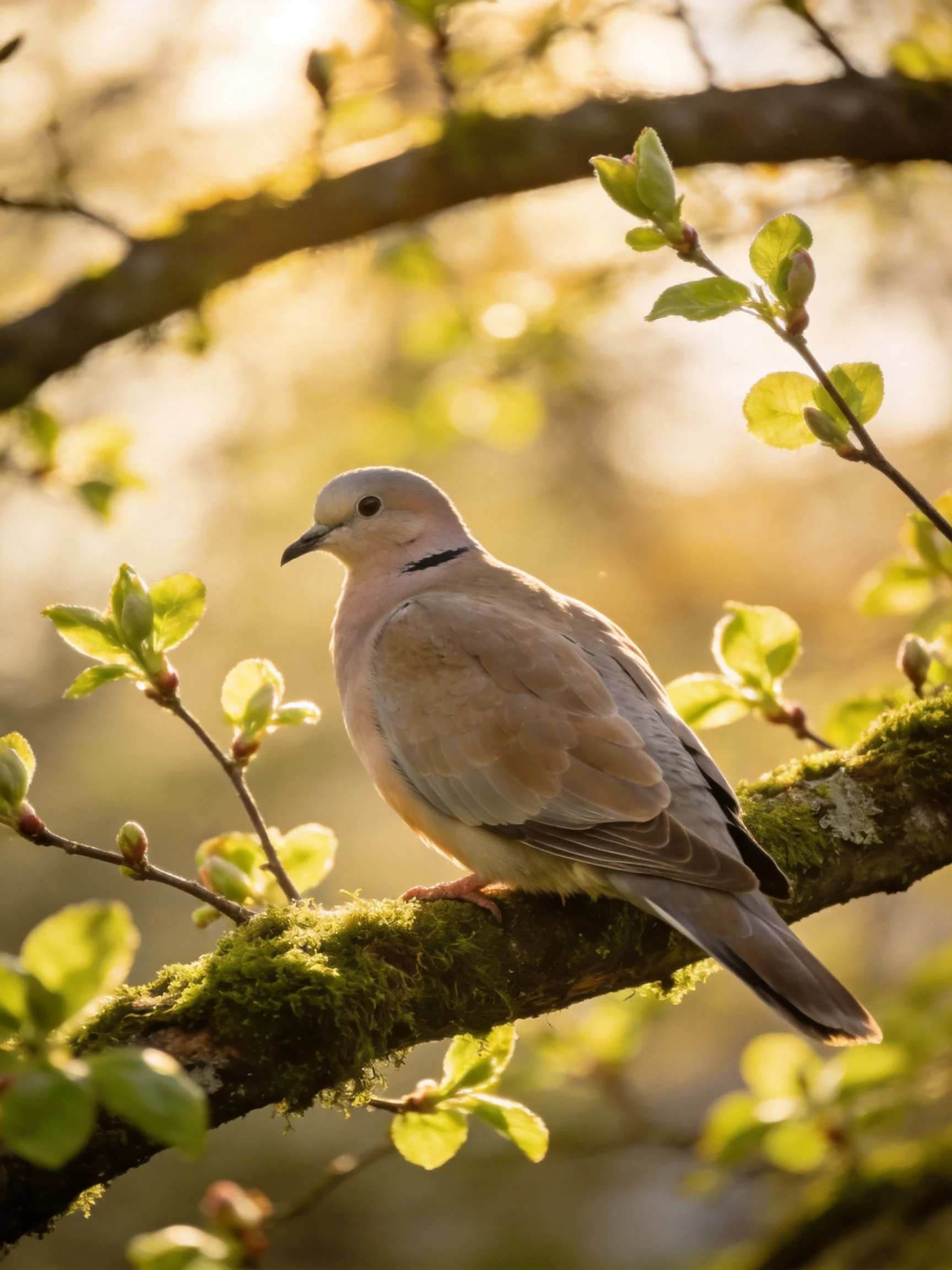 A pale dove perches on a moss-laden tree branch with fresh green foliage