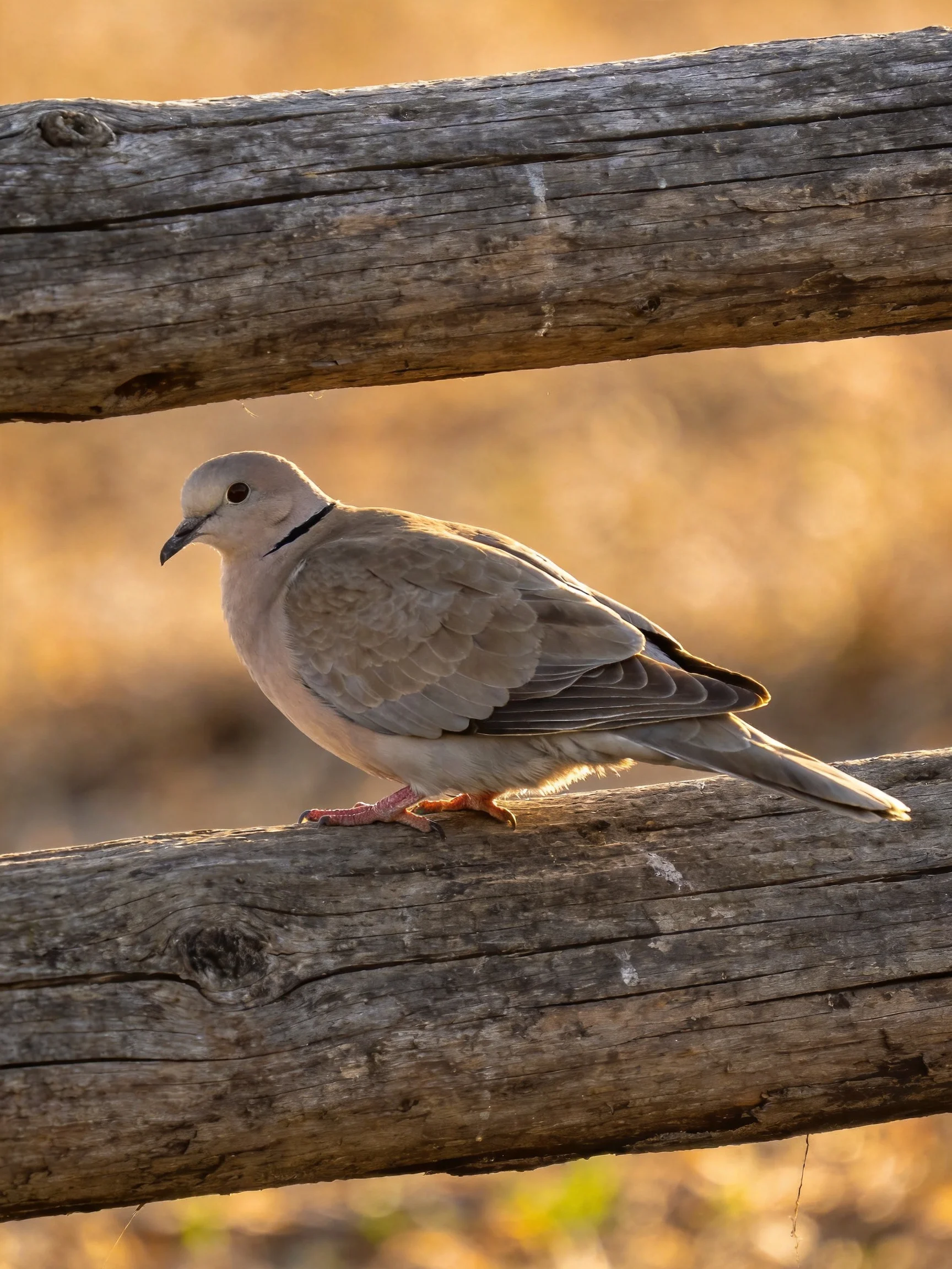 A pale dove perches on weathered wooden logs in golden light