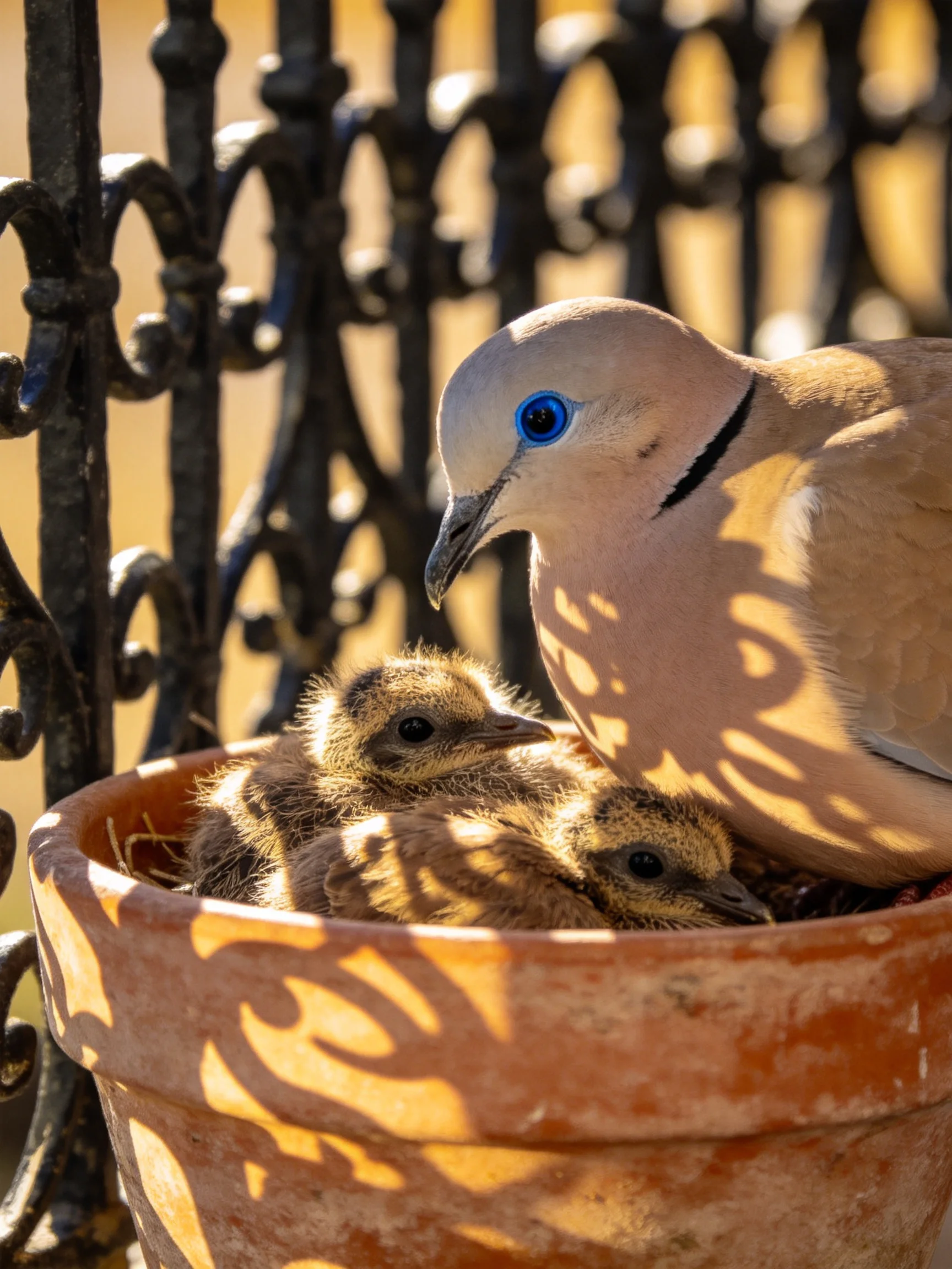 A pale dove with blue eyes tends to two fluffy chicks in a terracotta pot
