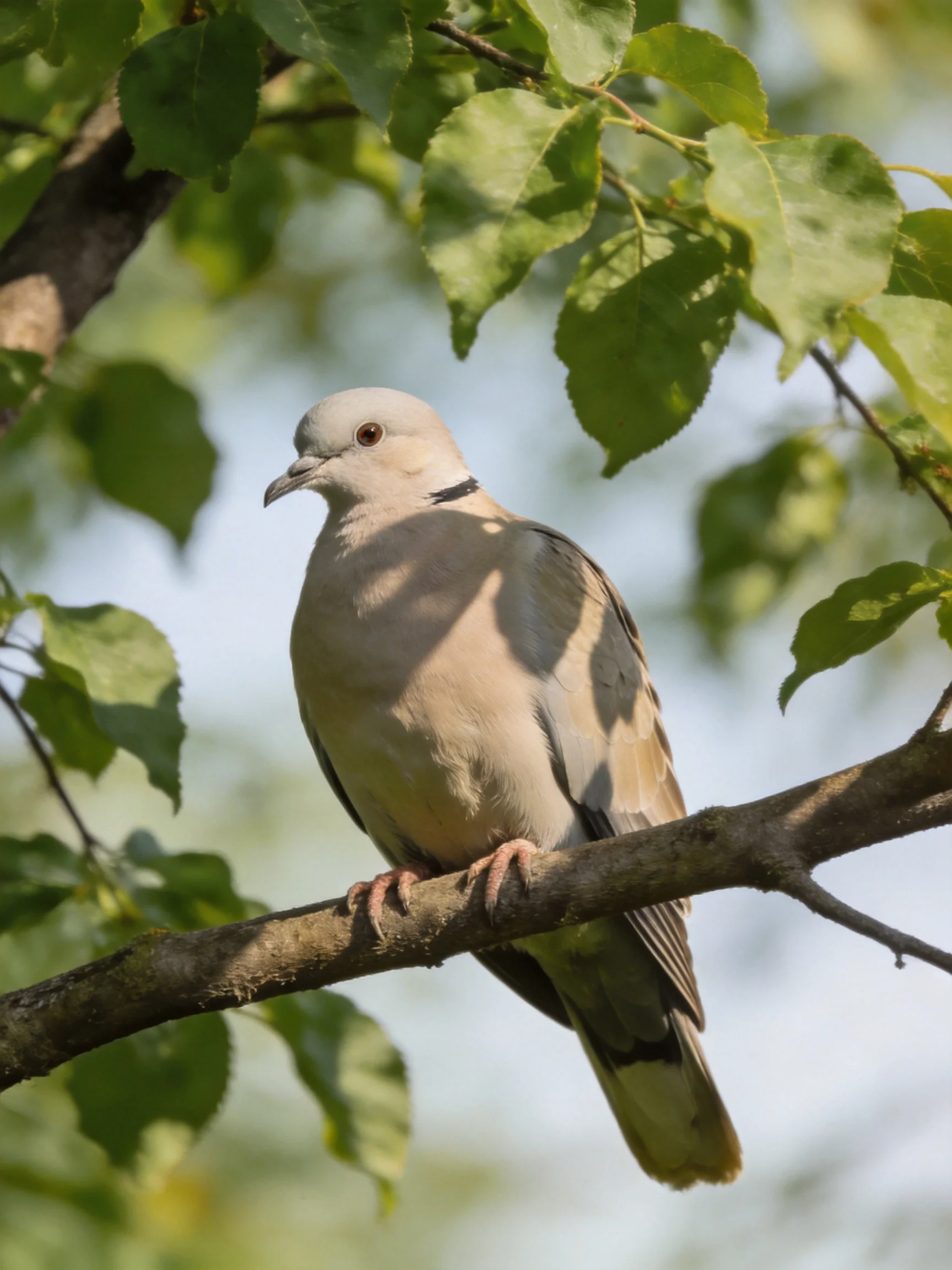 A pale gray bird perched on a tree branch amid lush green foliage