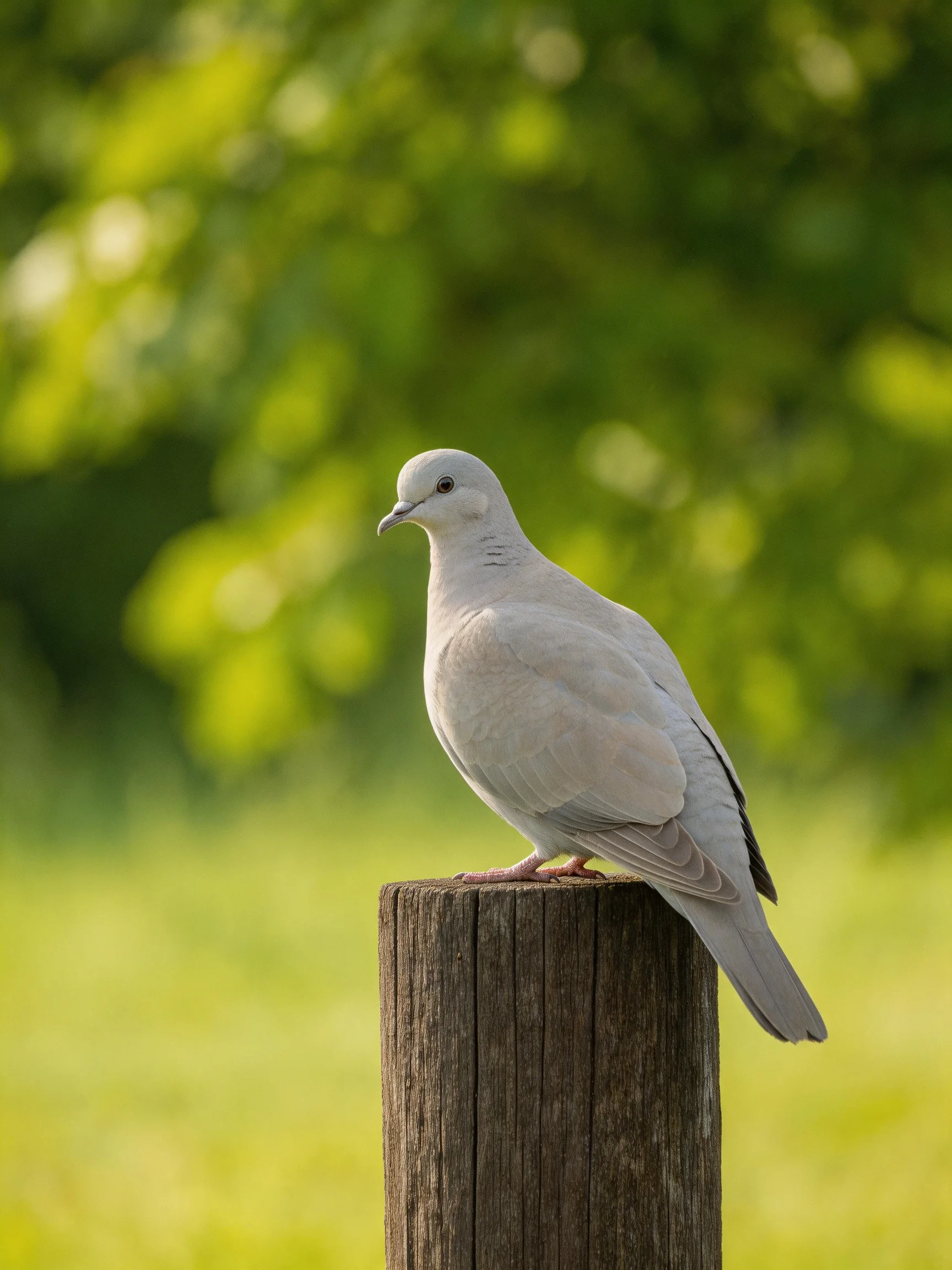 A pale gray dove rests on a weathered wooden post