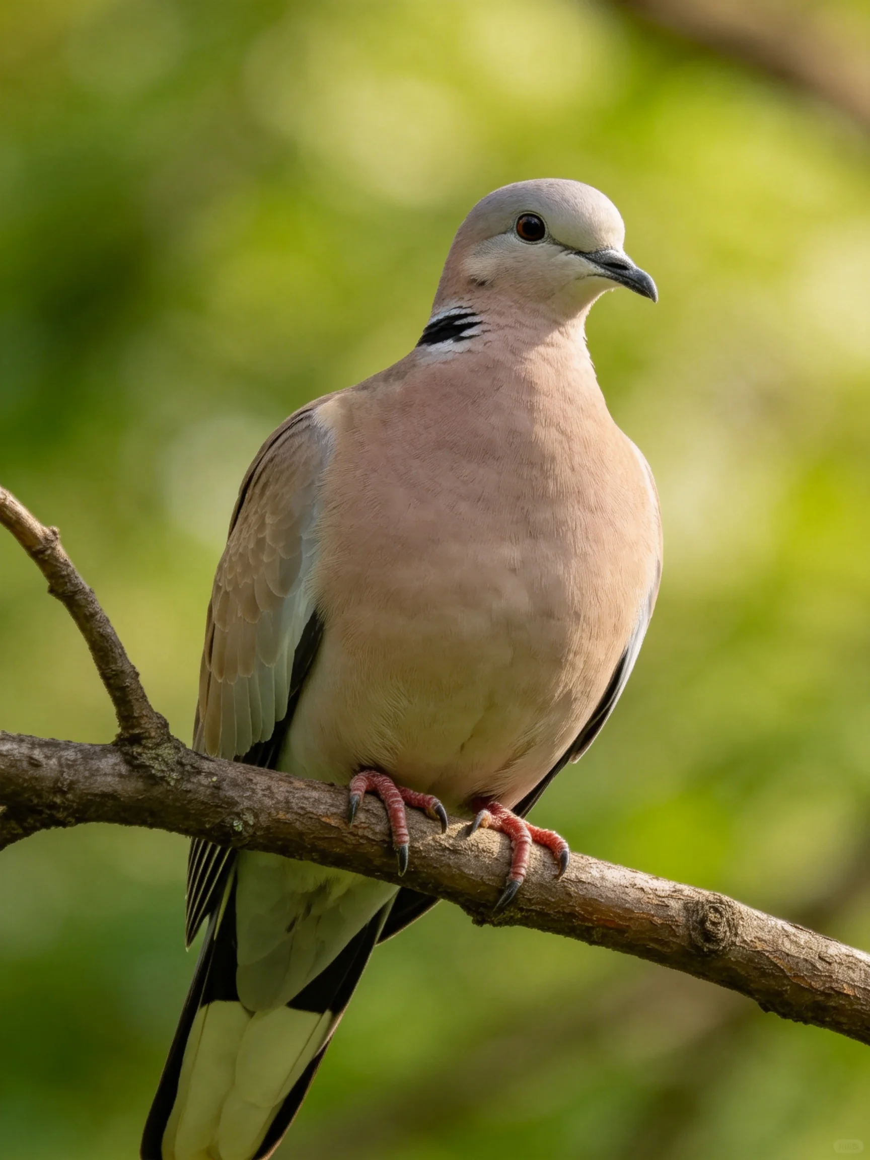 A pigeon with pink feathers rests on a branch amid green foliage.