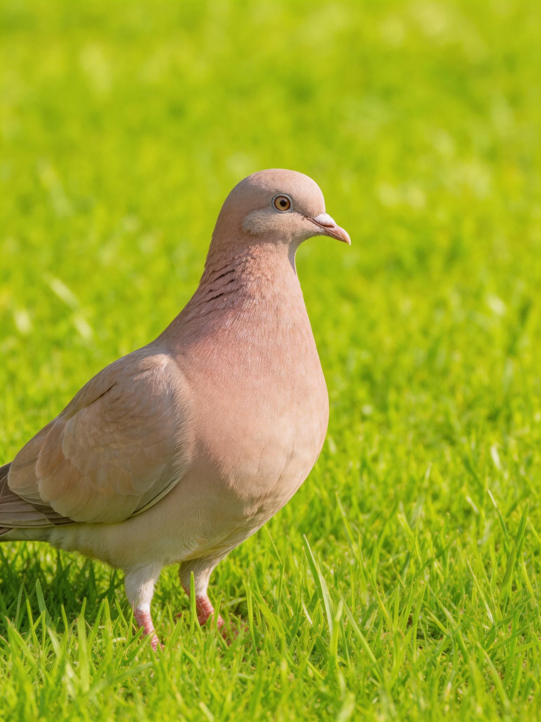 A pale pink bird stands on lush green grass