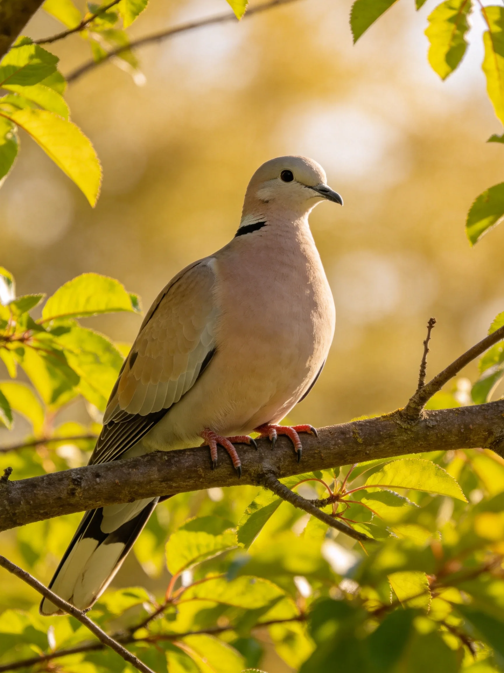 A pale pink dove perched on a brown tree branch amid green foliage