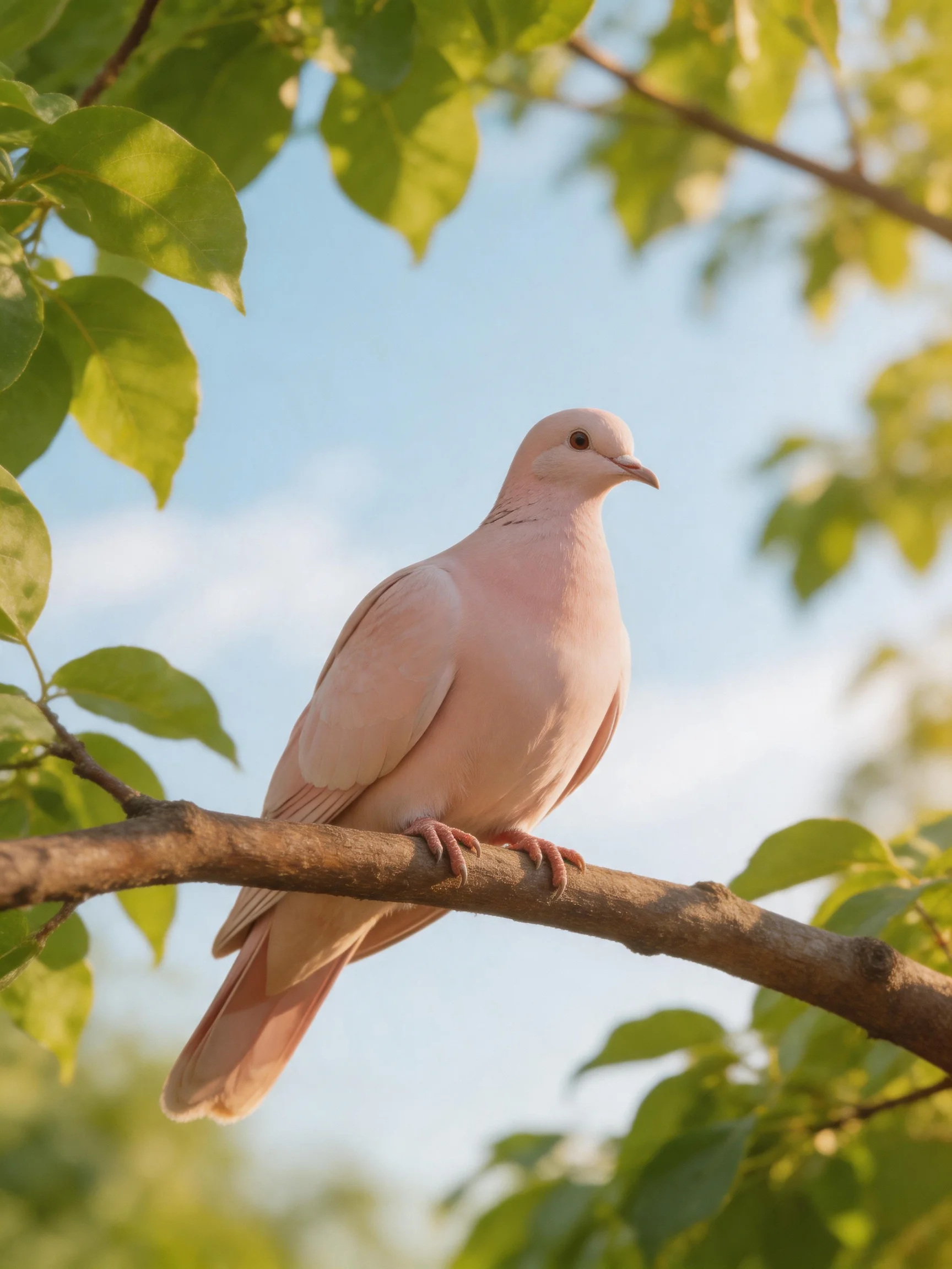 A pale pink pigeon perches on a tree branch with green leaves