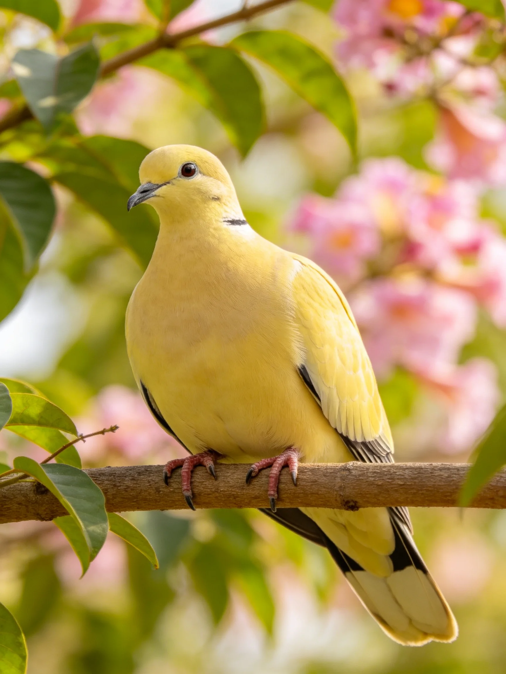 A pale yellow dove perches on a tree branch near pink flowering foliage