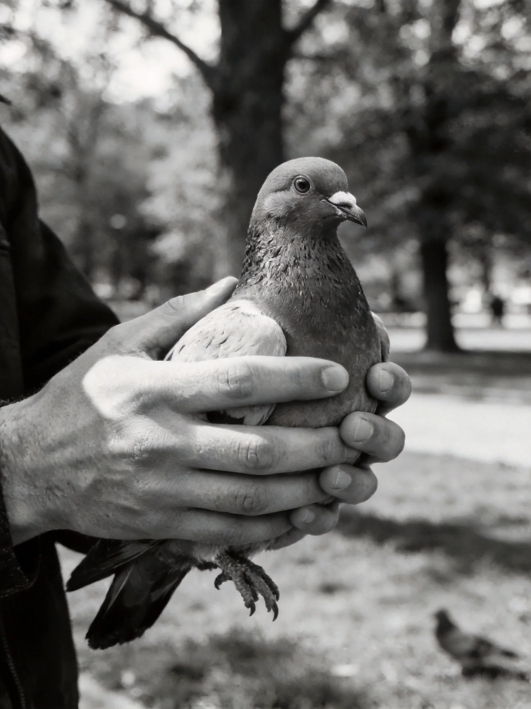 A person holding a pigeon in a tree-filled park