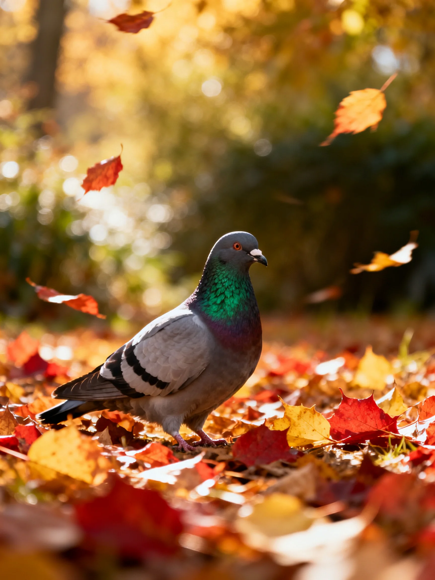 A pigeon amid colorful autumn leaves in golden sunlight