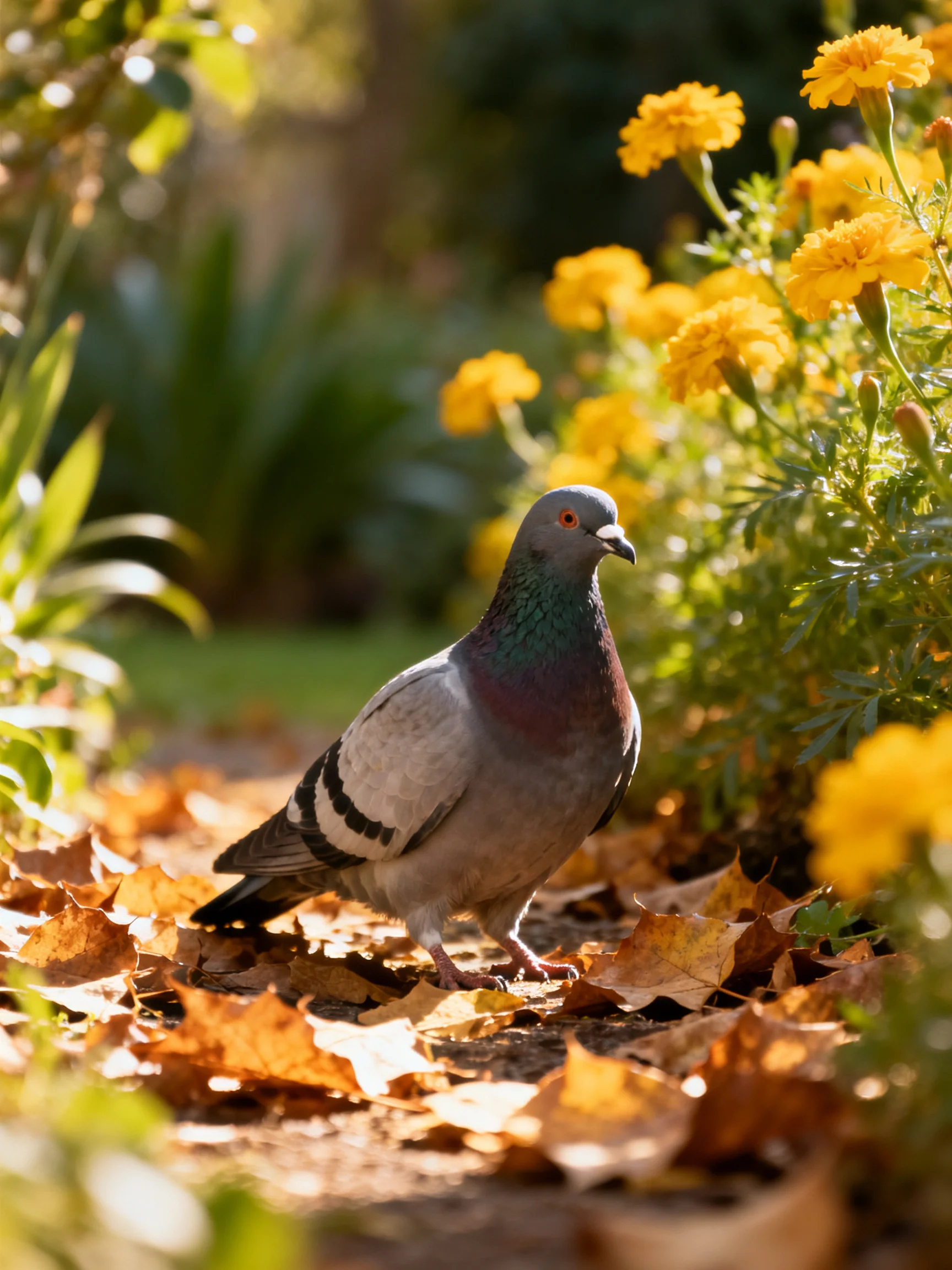 A pigeon amid vibrant yellow blooms and golden fallen leaves