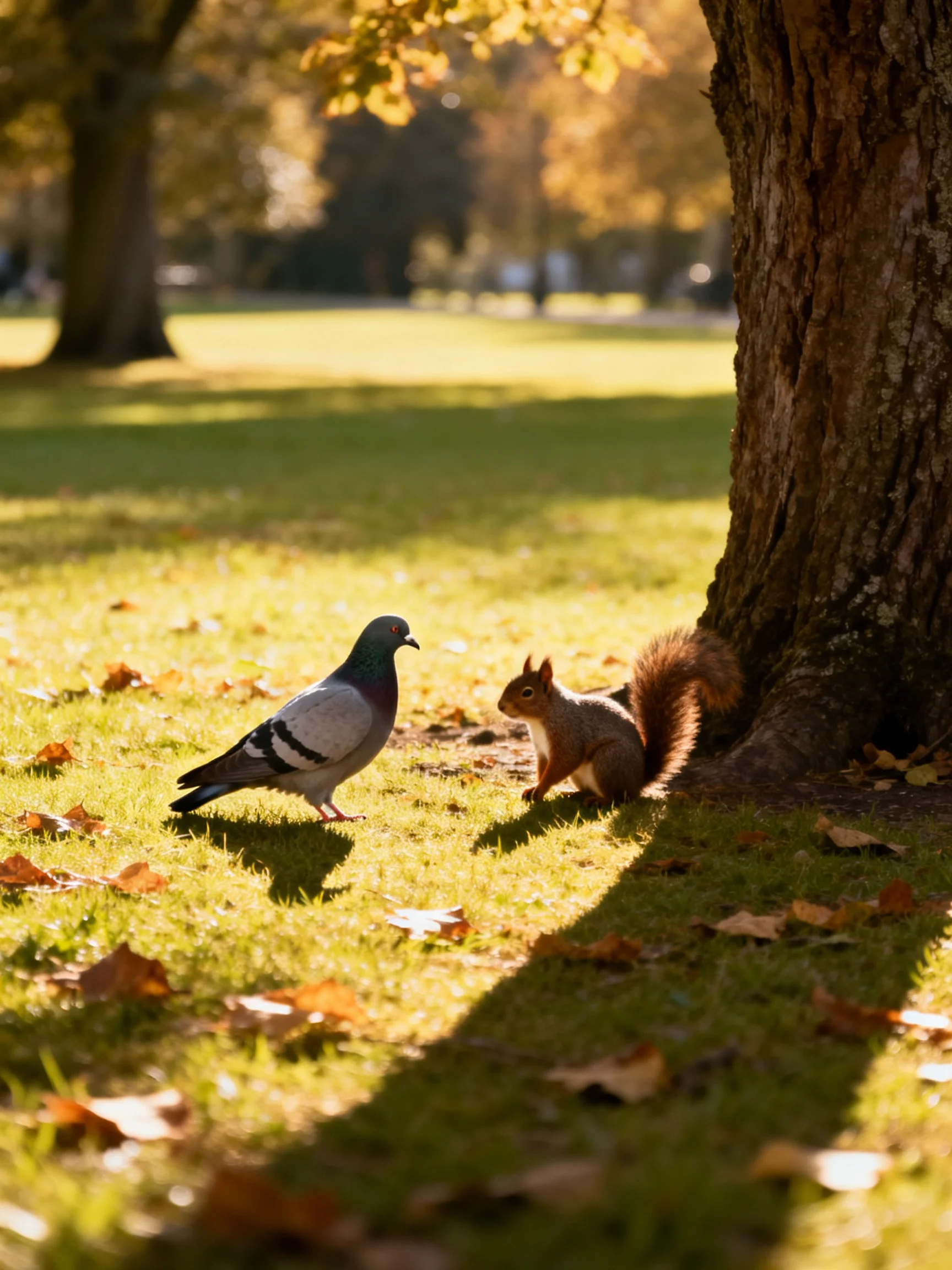 A pigeon and squirrel near a large tree in a sunlit autumn park