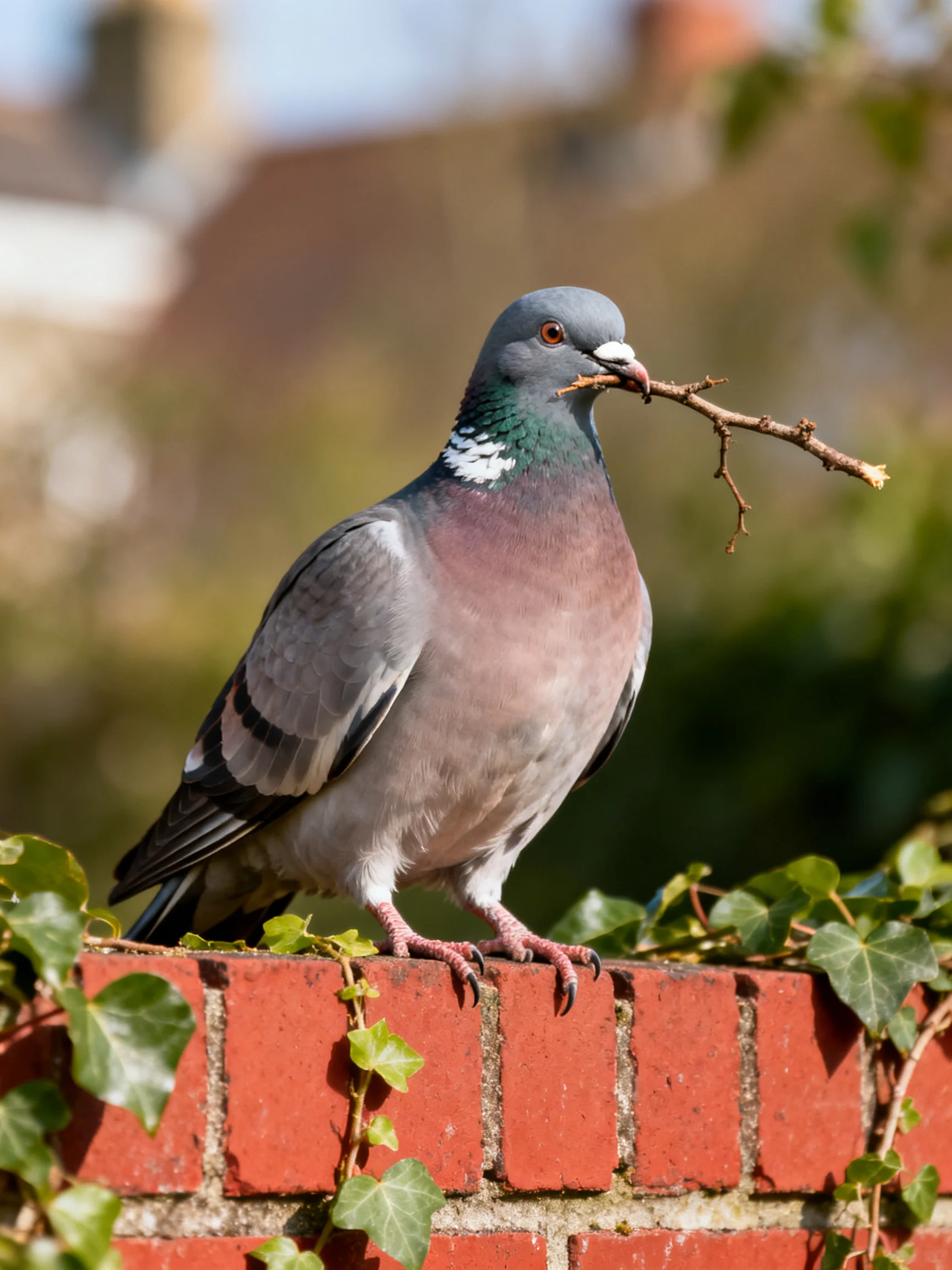 A pigeon carrying a twig perches on a red brick wall with green ivy