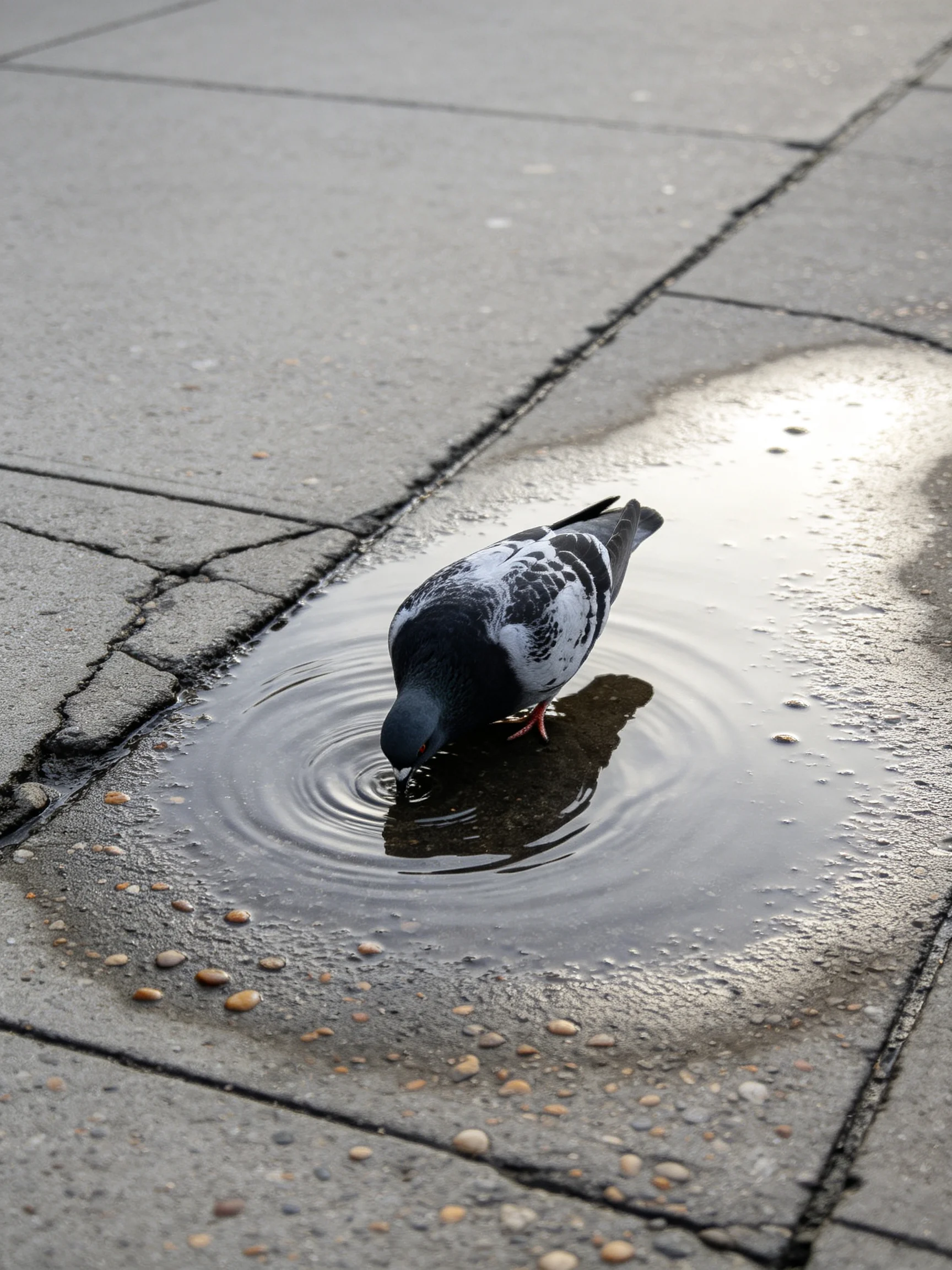 A pigeon drinks from a large puddle on cracked pavement