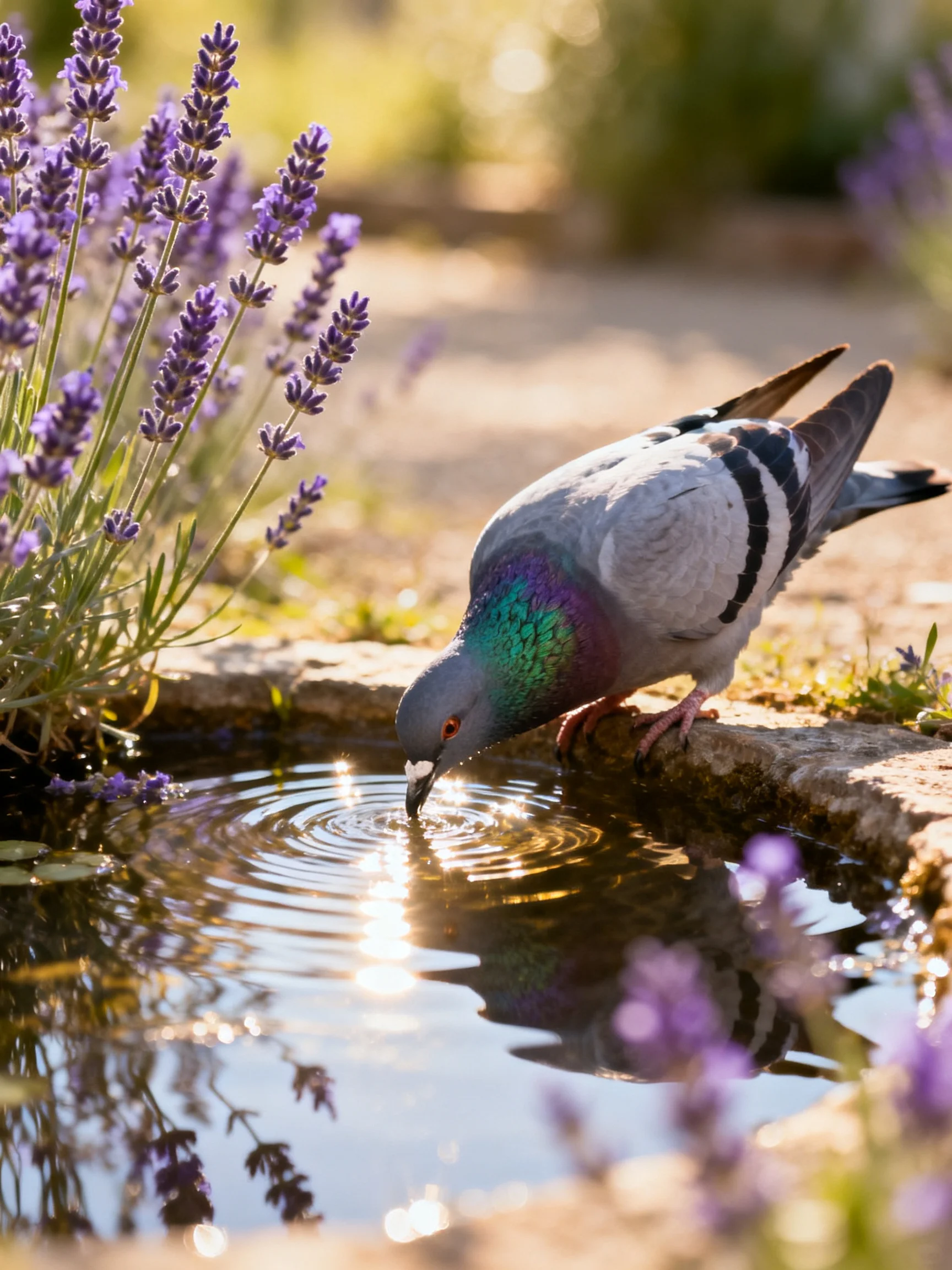 A pigeon drinks from a small pond beside blooming purple lavender