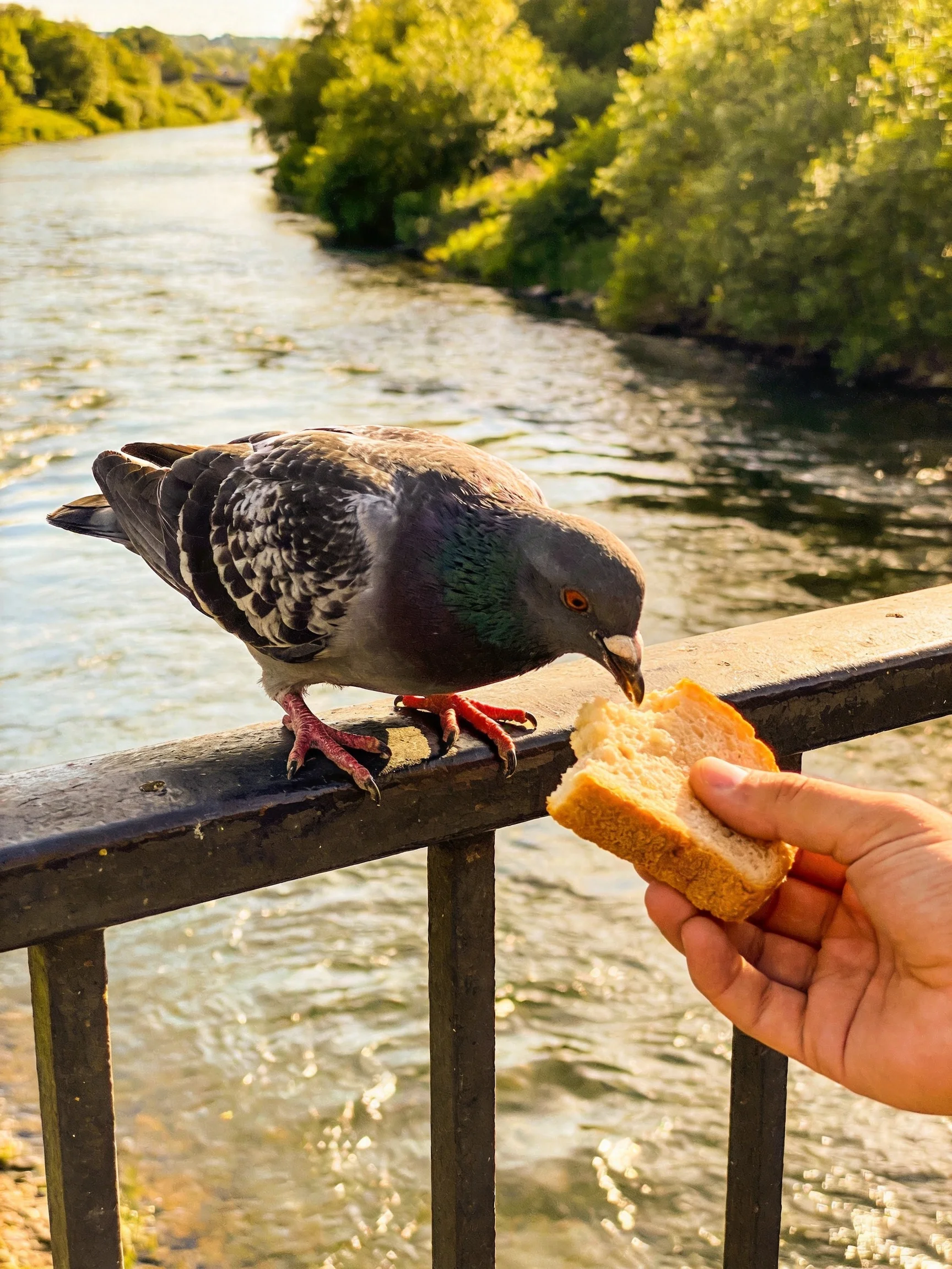 A pigeon eating bread by a sunlit riverside railing