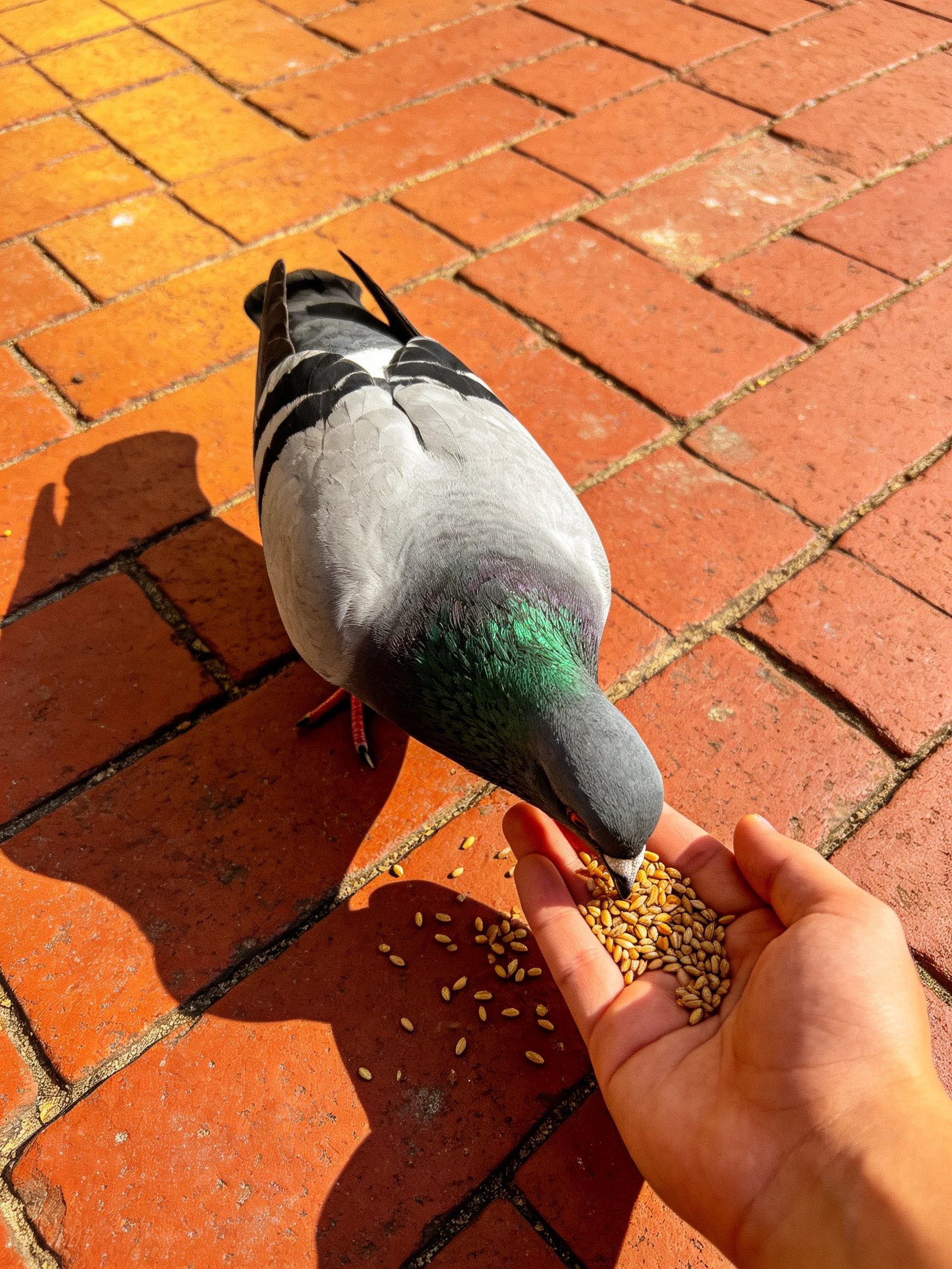 A pigeon eating seeds from a human’s hand on a brick pathway