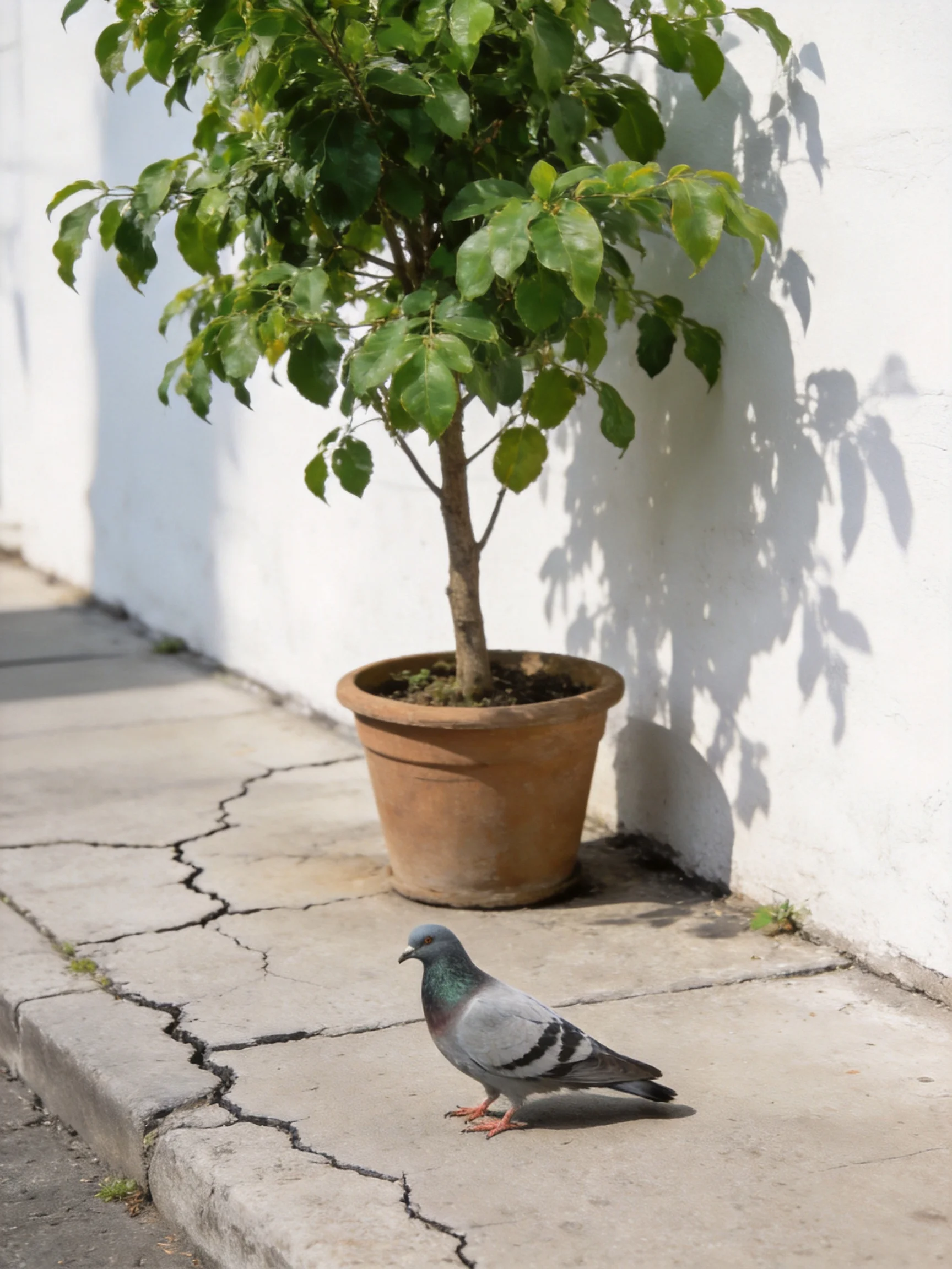A pigeon near a potted tree by a white wall
