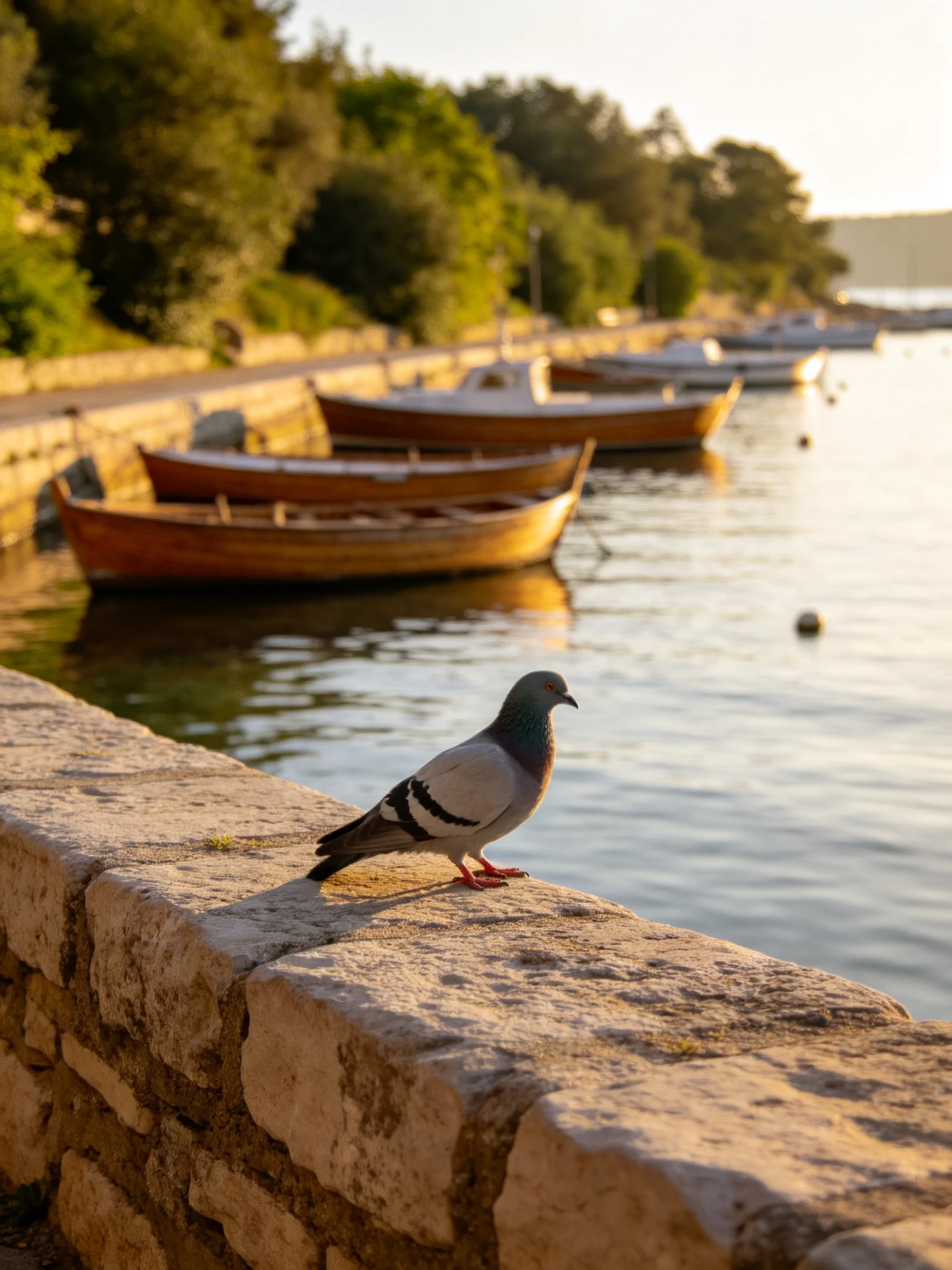 A pigeon on a stone wall near wooden boats by calm water at sunset