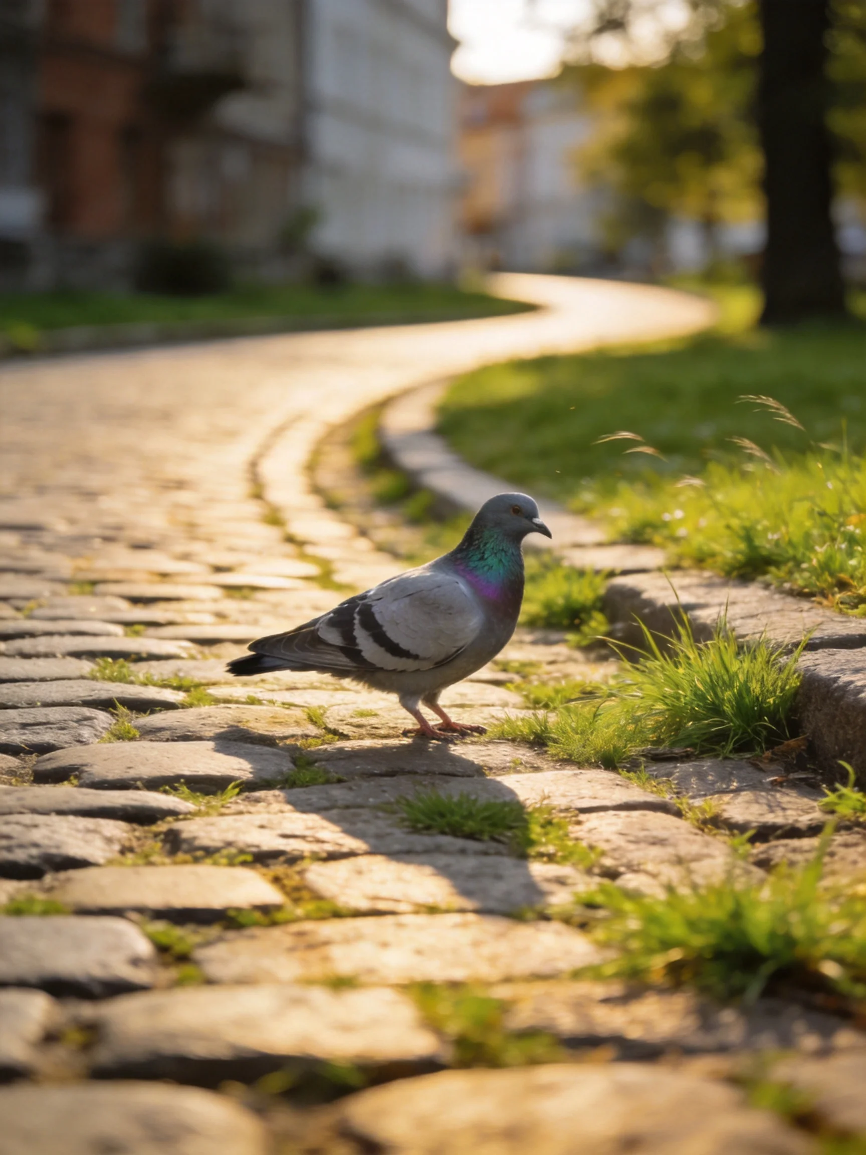 A pigeon on a sunlit cobblestone path near green grass