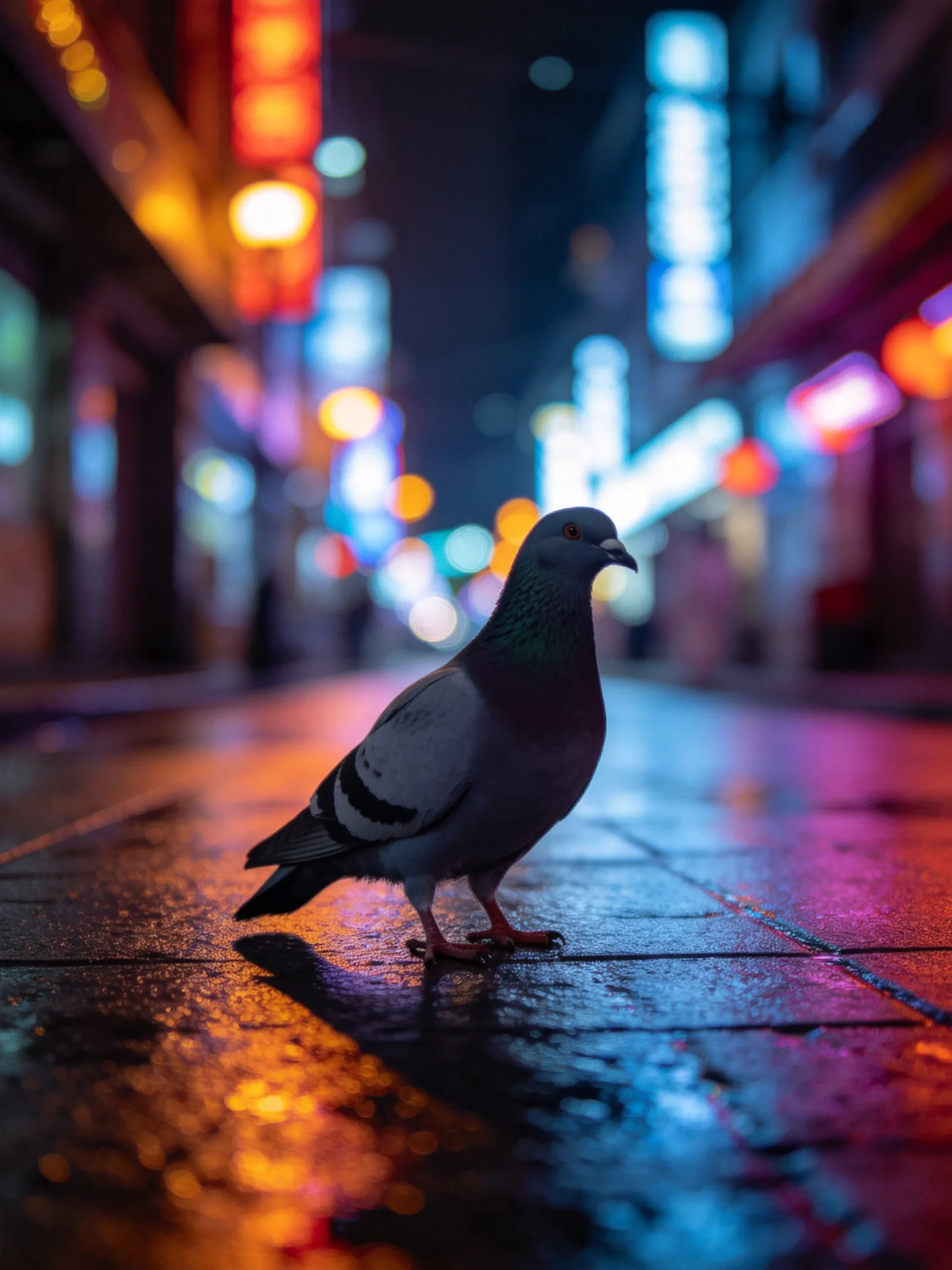 A pigeon on a wet city street with colorful neon lights