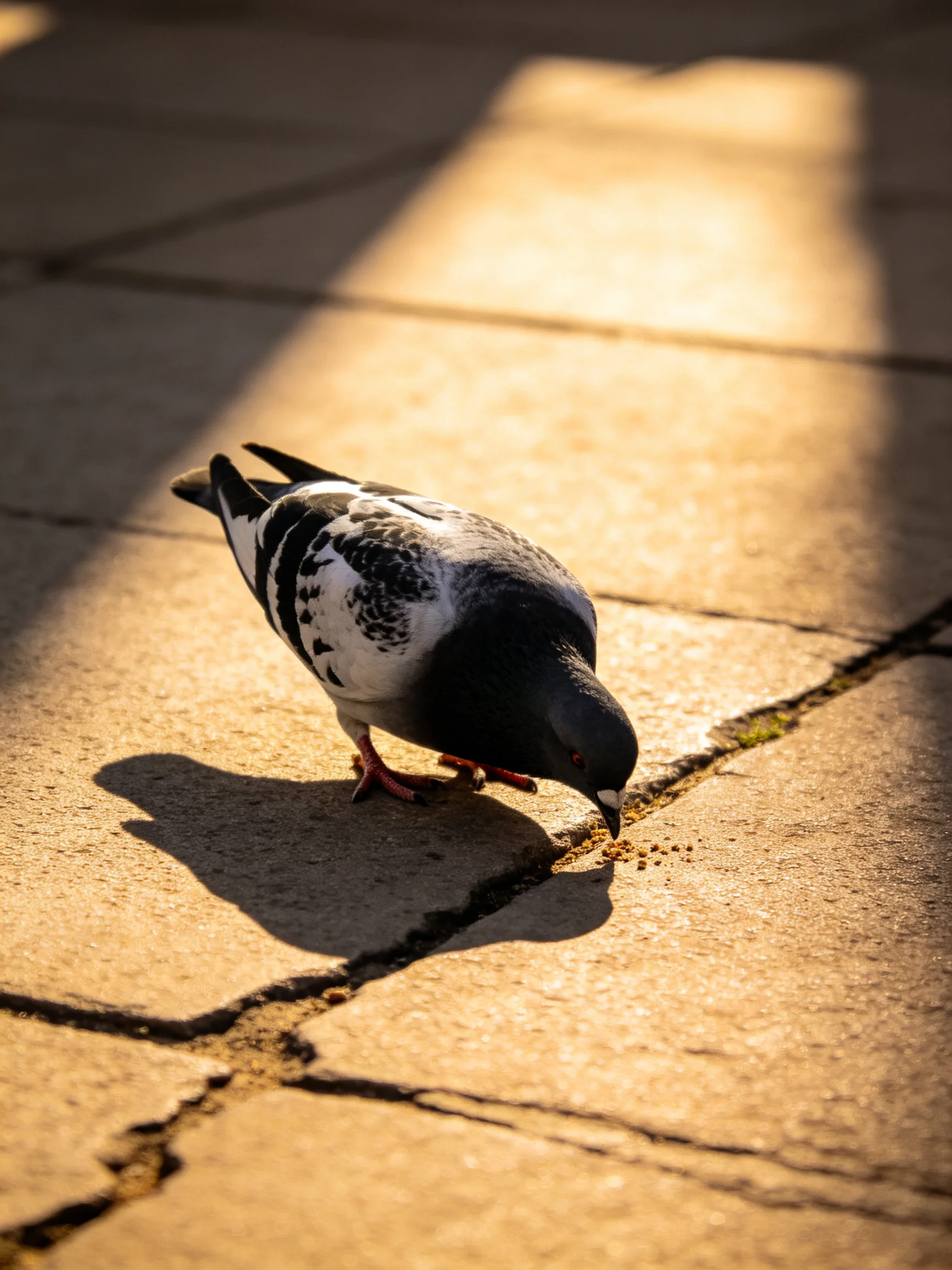 A pigeon pecking seeds on sunlit cracked pavement