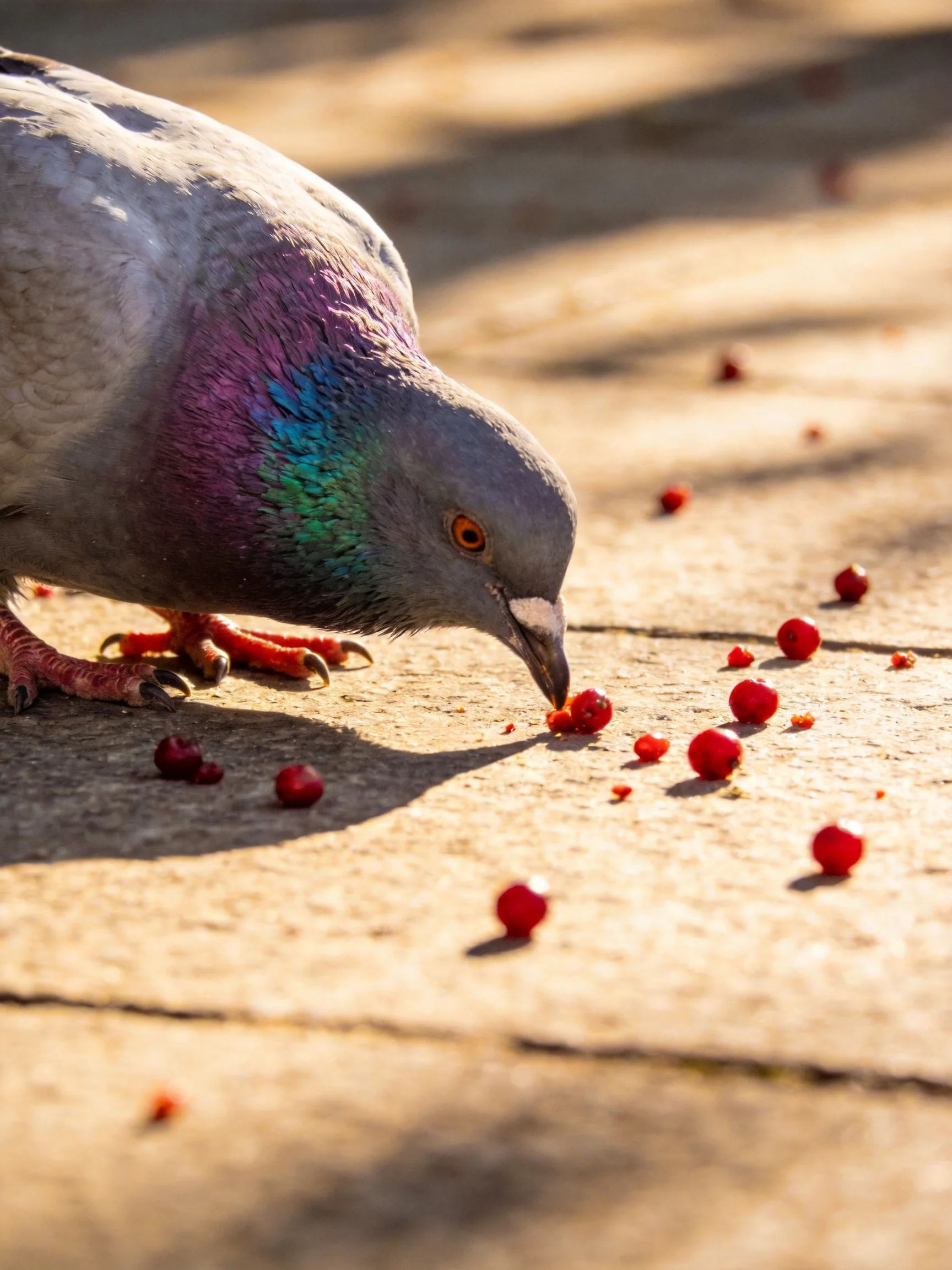 A pigeon pecking vibrant red berries on a sunlit pavement