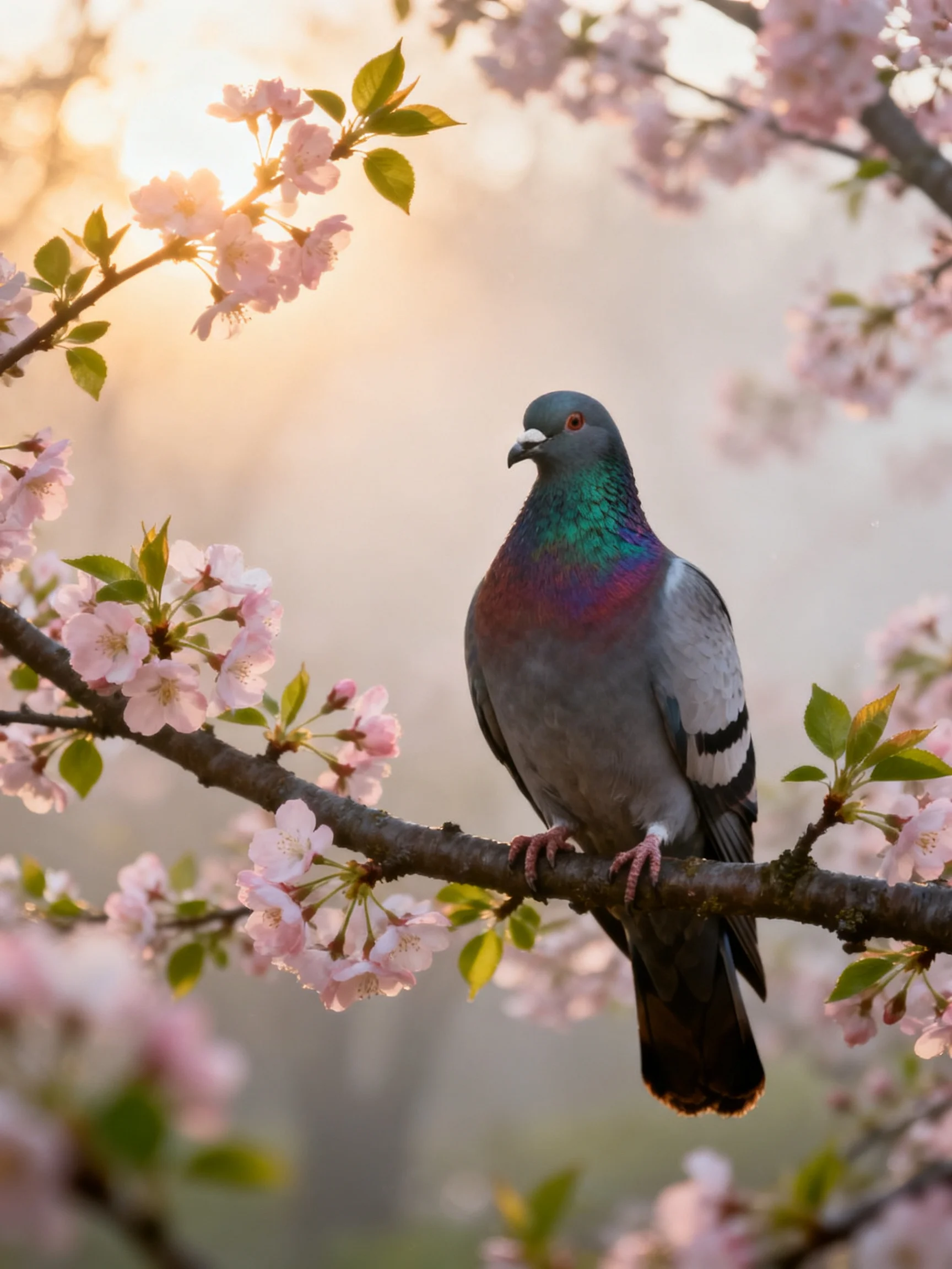 A pigeon perched amid pink cherry blossoms under golden sunlight