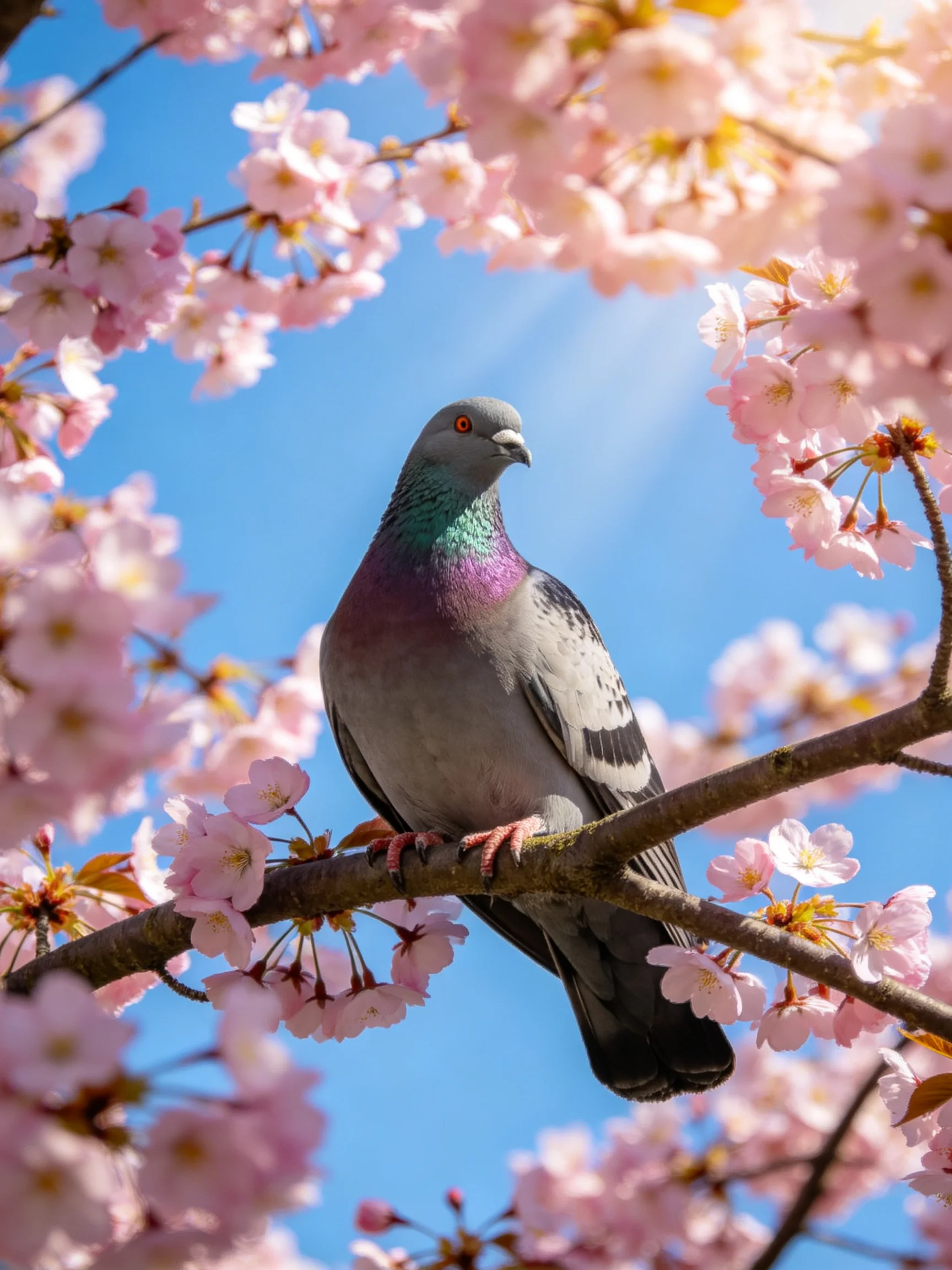 A pigeon sits on a branch surrounded by blooming cherry blossom flowers.