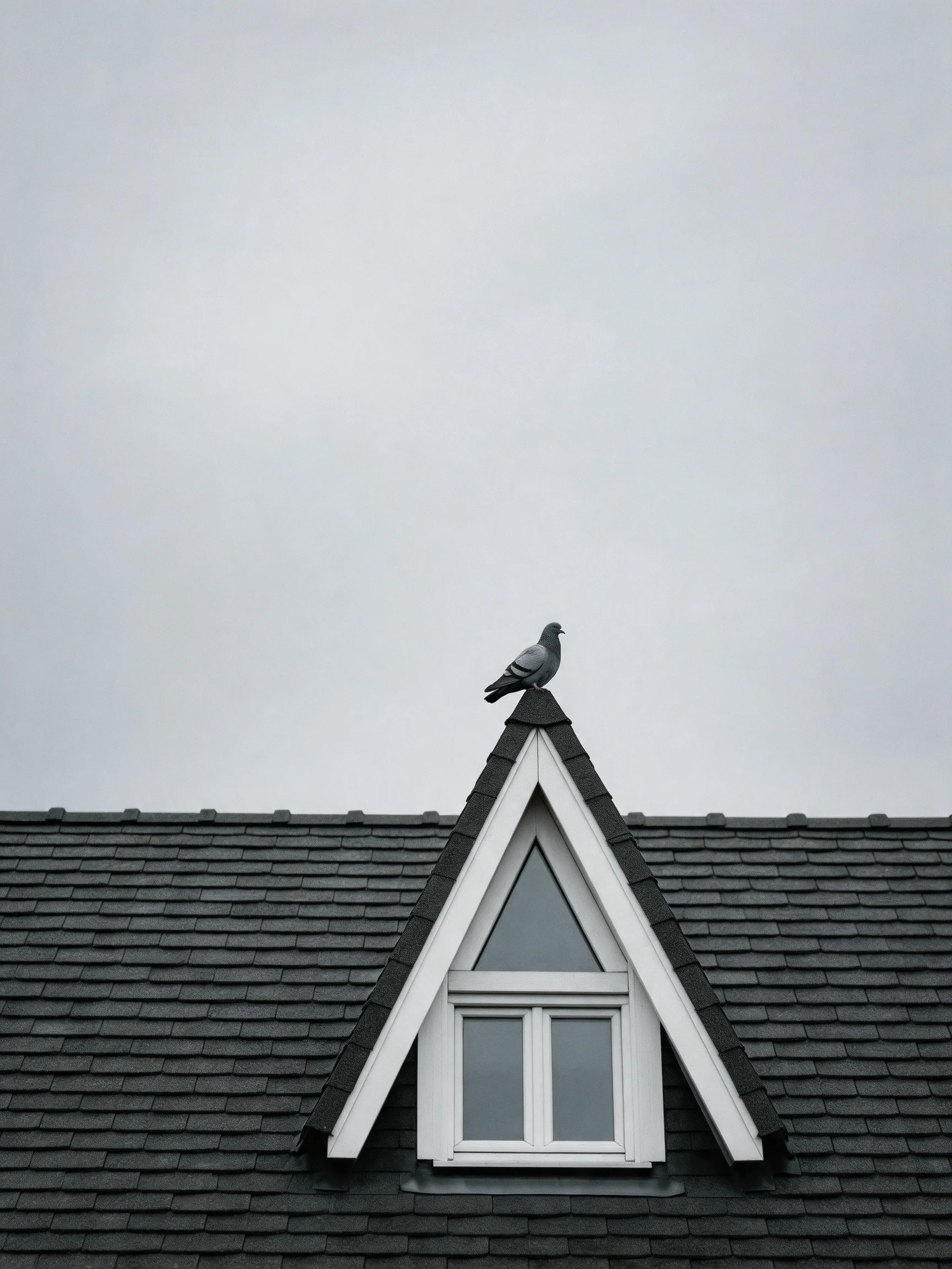A pigeon perched atop a house with a white-trimmed triangular dormer window