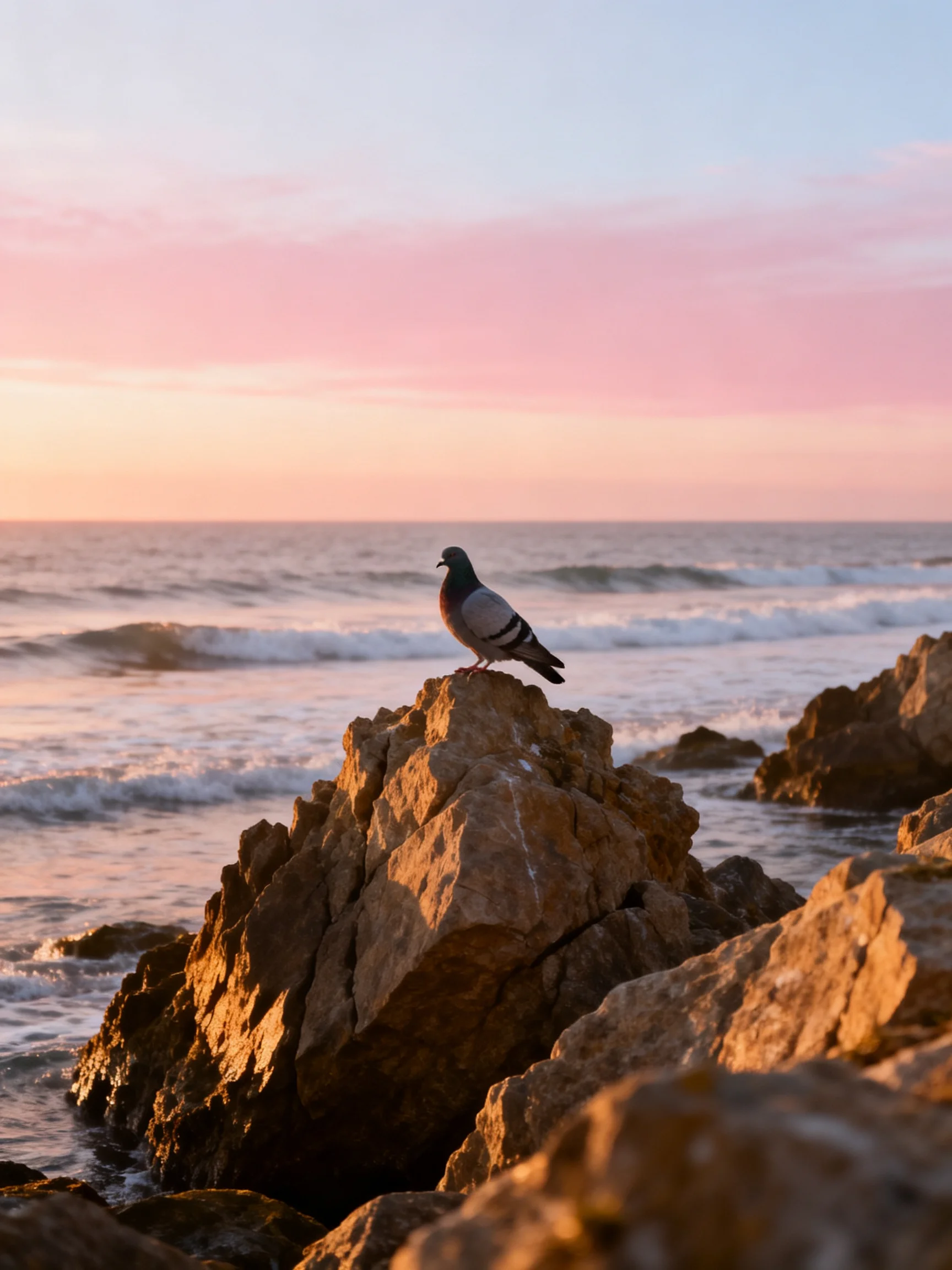 A pigeon perched atop rugged coastal rocks near a calm sea under pink-hued skies