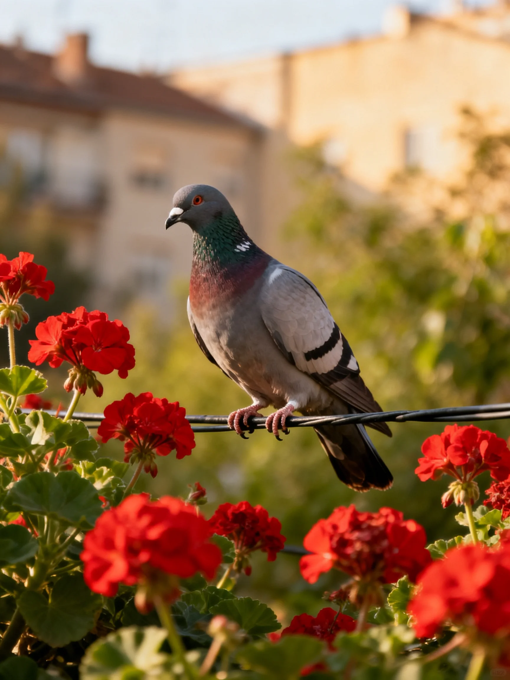 A pigeon sits on a wire surrounded by vibrant red flowers.