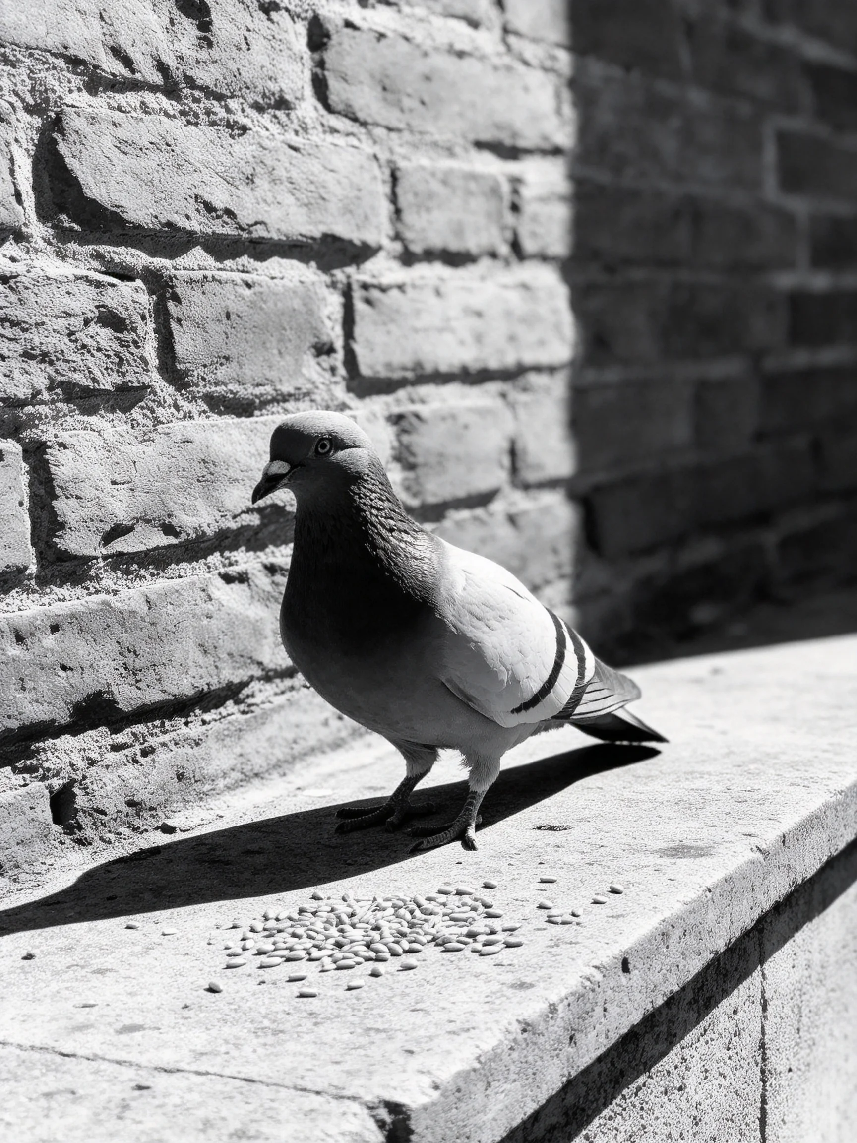 A pigeon perched on a concrete ledge with scattered seeds, a weathered brick wall