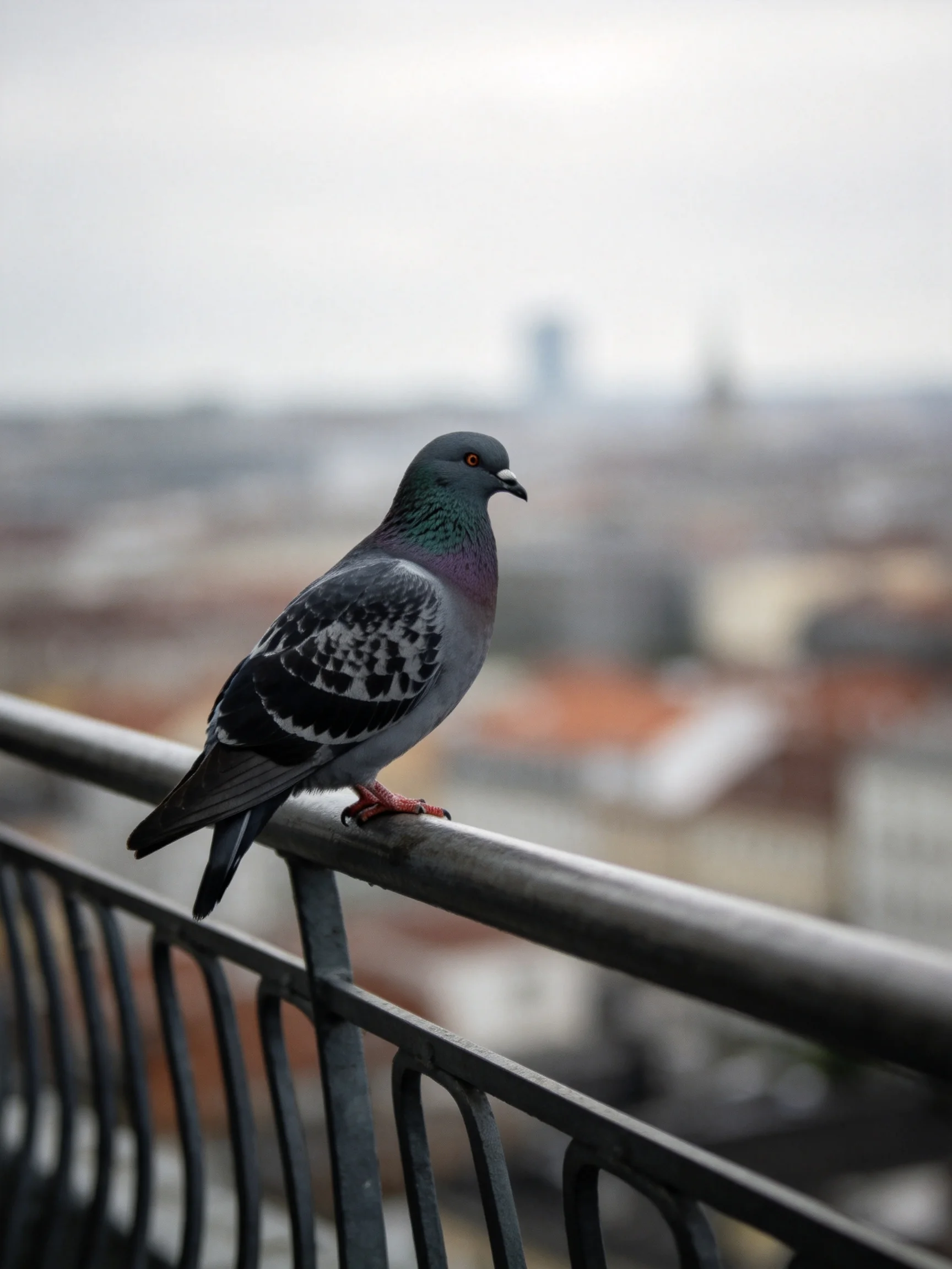 A pigeon perched on a dark metal railing overlooking a blurred city