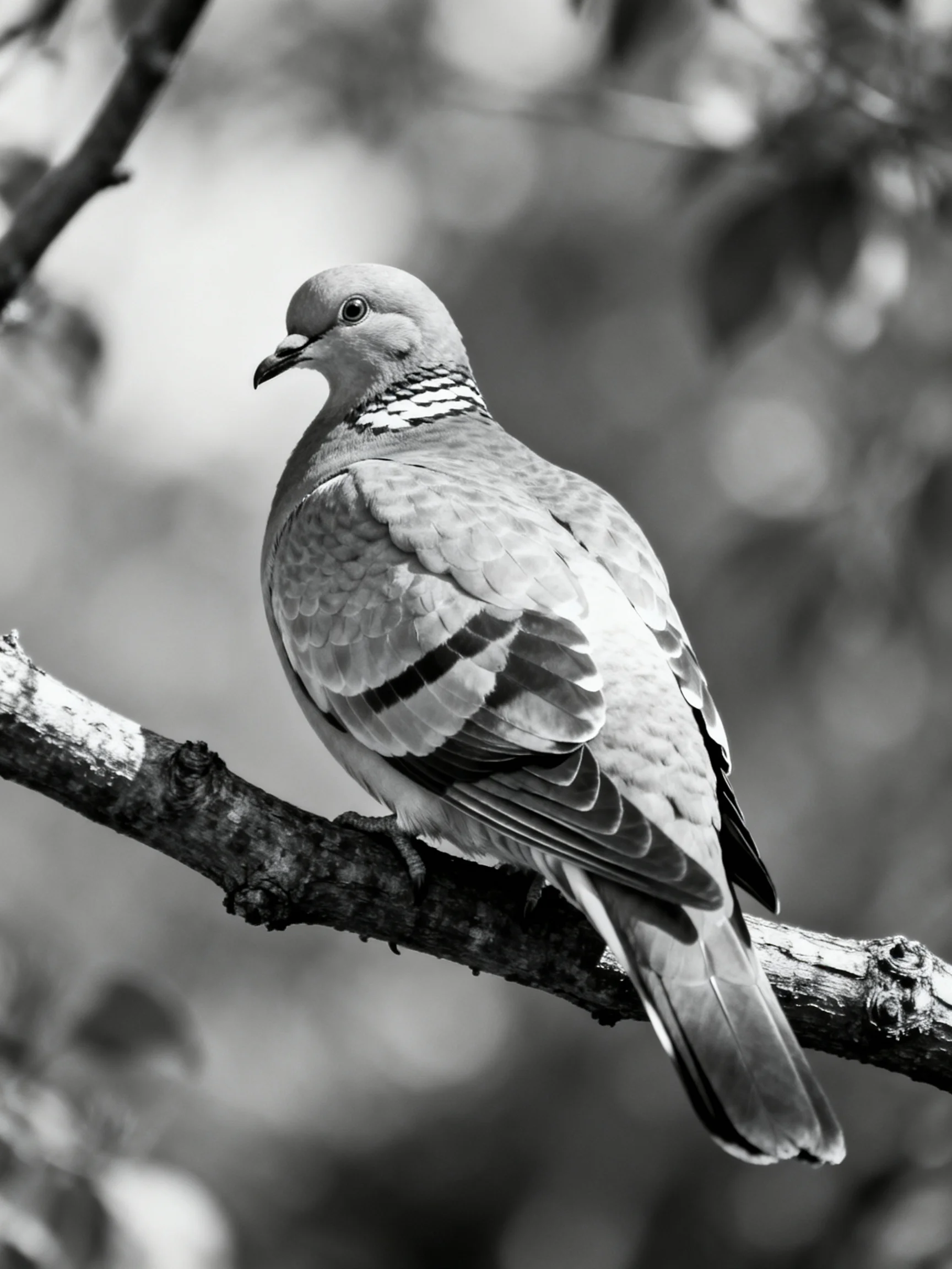 A pigeon perched on a gnarled tree branch in monochrome