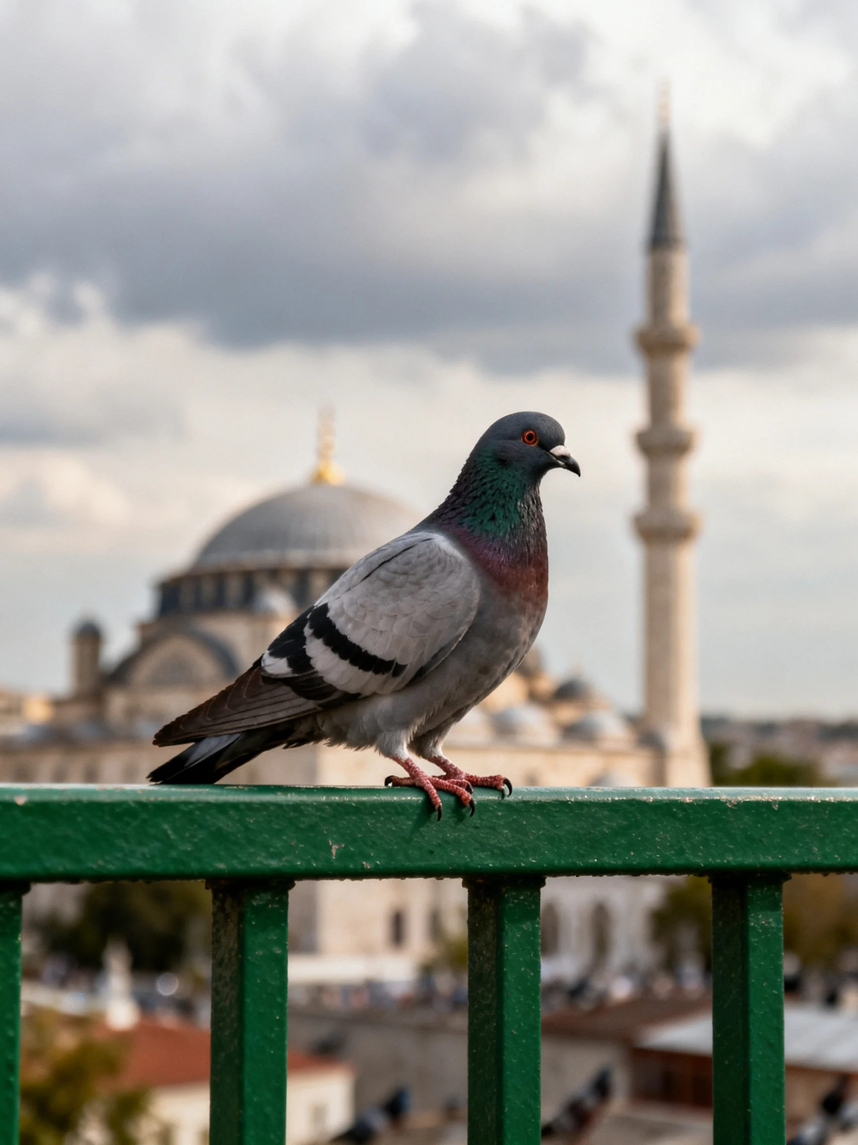 A pigeon perched on a green railing near domed mosque and minaret